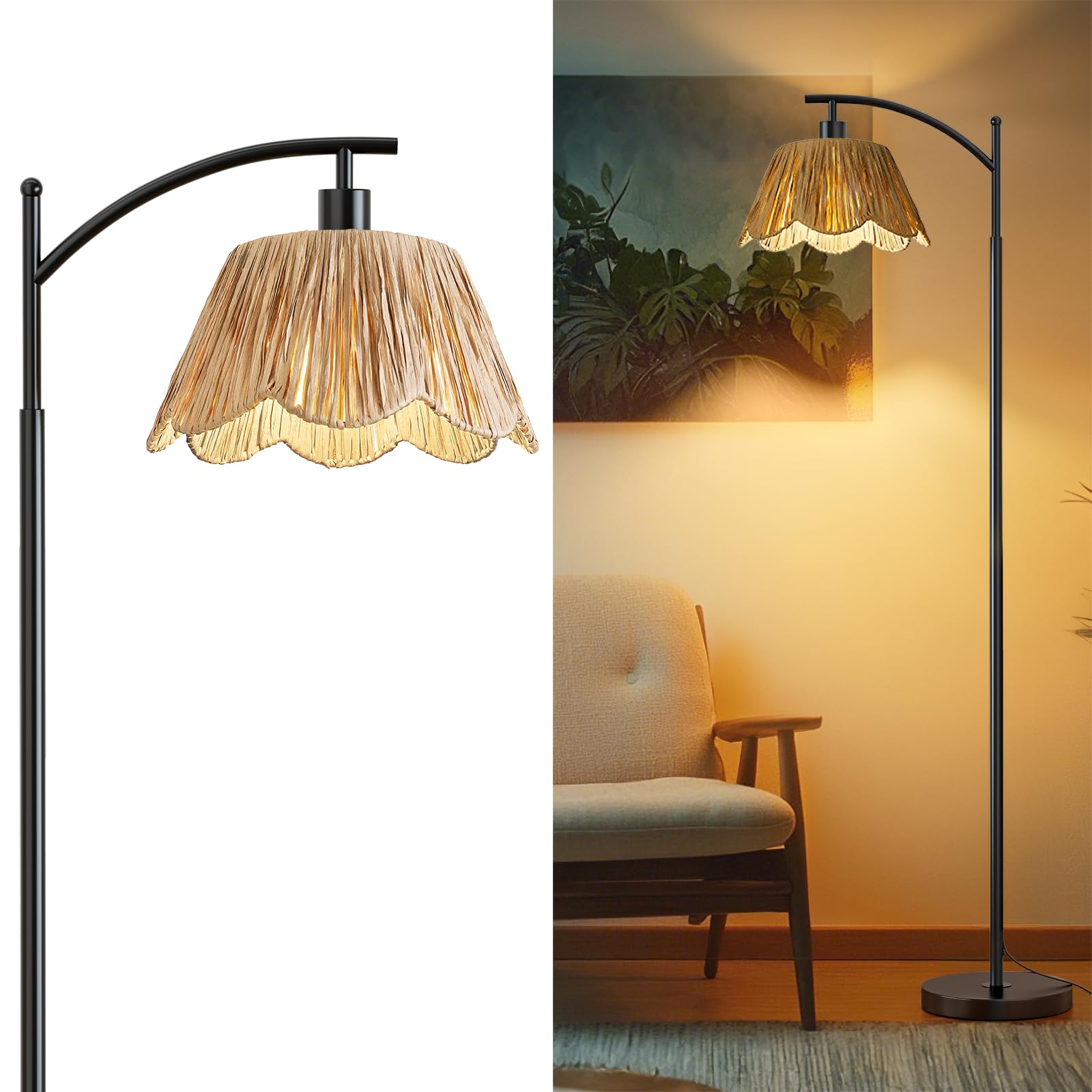 Oneach Arc Floor Lamp for Living Room,Rattan Boho Floor Lamp with Hand-Woven Shade, Foot Switch,Gold Metal Base & Pole,Farmhouse Standing Lamp for Bedroom Corner,Reading