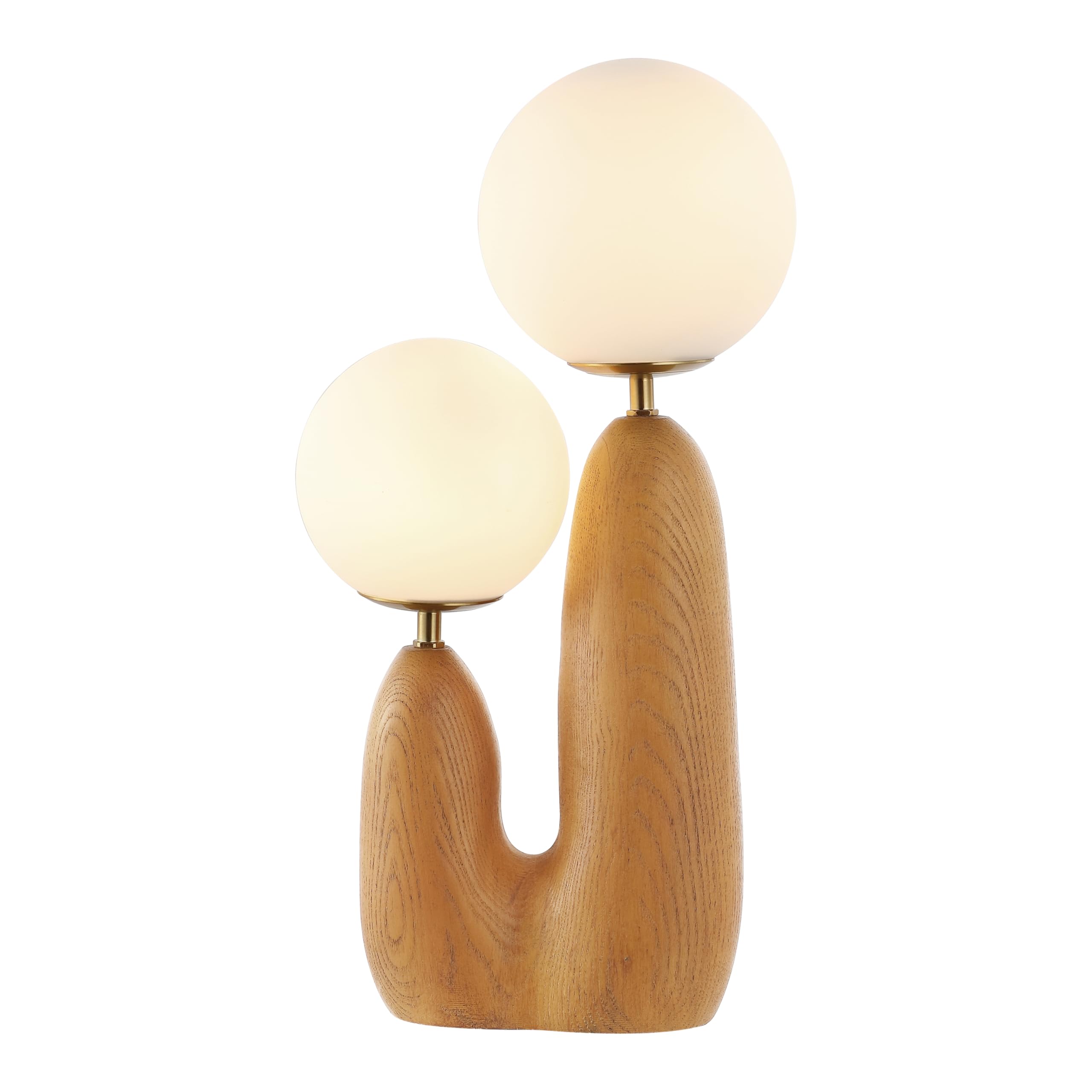 JONATHAN Y 17.75" Brown Wood Finish/Brass Gold Modern Bohemian Danish Cactus LED Table Lamp, 2-Light Mid-Century Minimalist Desk Light for Bedroom Living Room, Frosted Glass Globe Shades JYL4065A