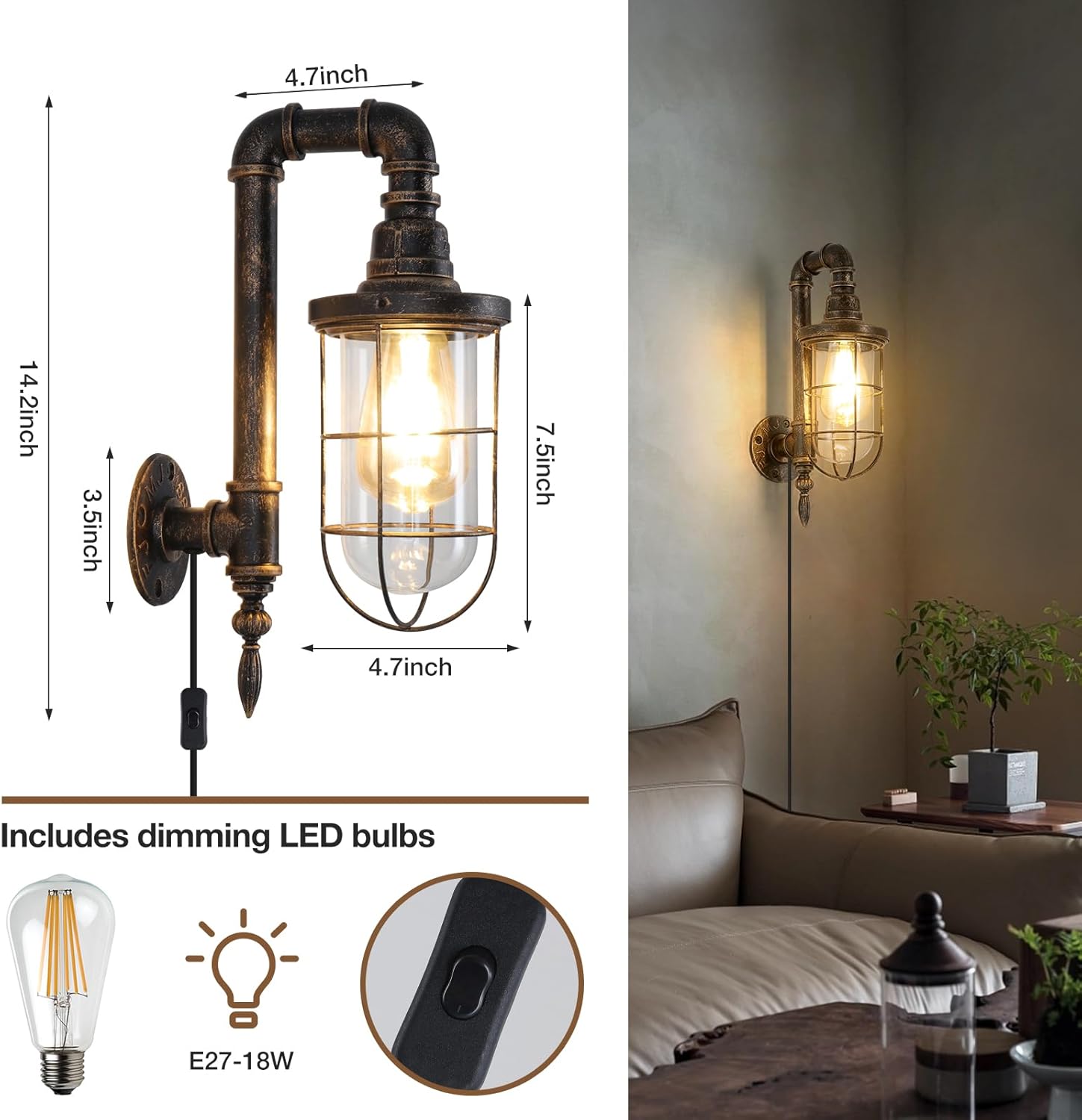Industrial Plug in Wall Sconce E26 Edison Antique Wall Lights with 5.9Ft Plug in Cord On Off Switch Rustic Wall Sconces Lighting Fixture for Headboard Bedroom Porch Hallway 2 Pack