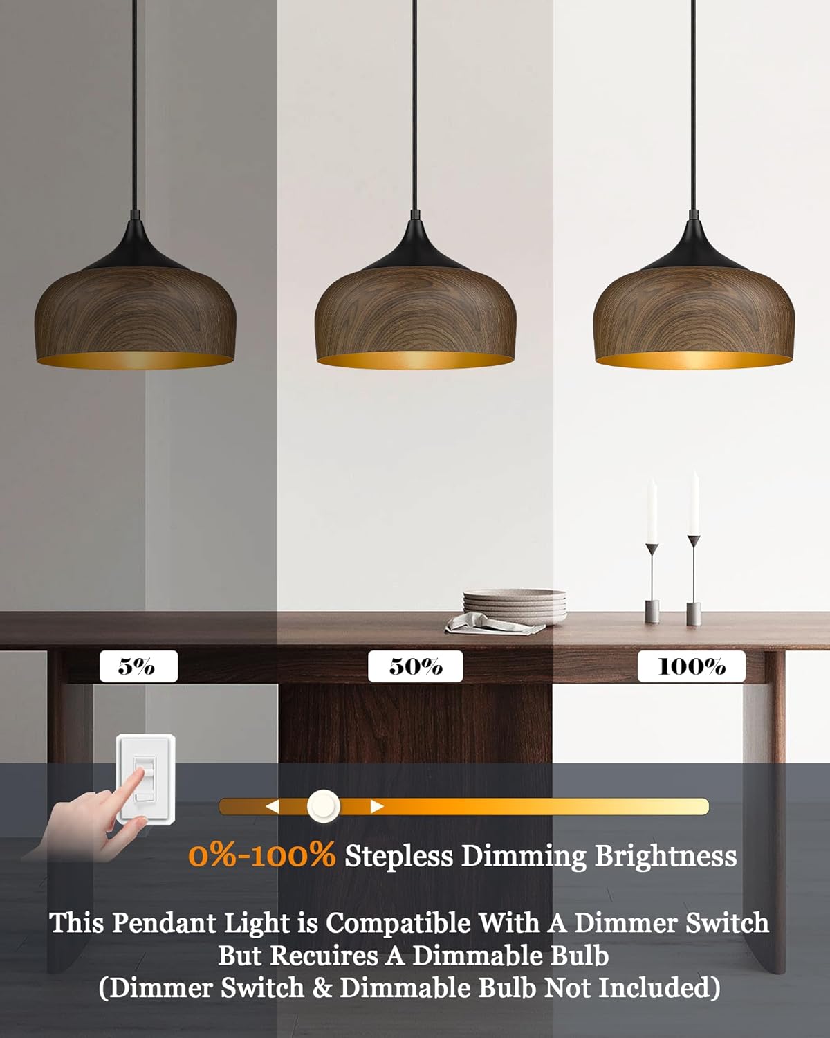 ELYONA Modern Pendant Light Walnut Wooden Pattern Dome Pendant Light Fixture Matte Black Metal Gold Inner Finish Adjustable Hanging Lighting for Kitchen Island Dining Room Office Hallway Foyer Bedroom