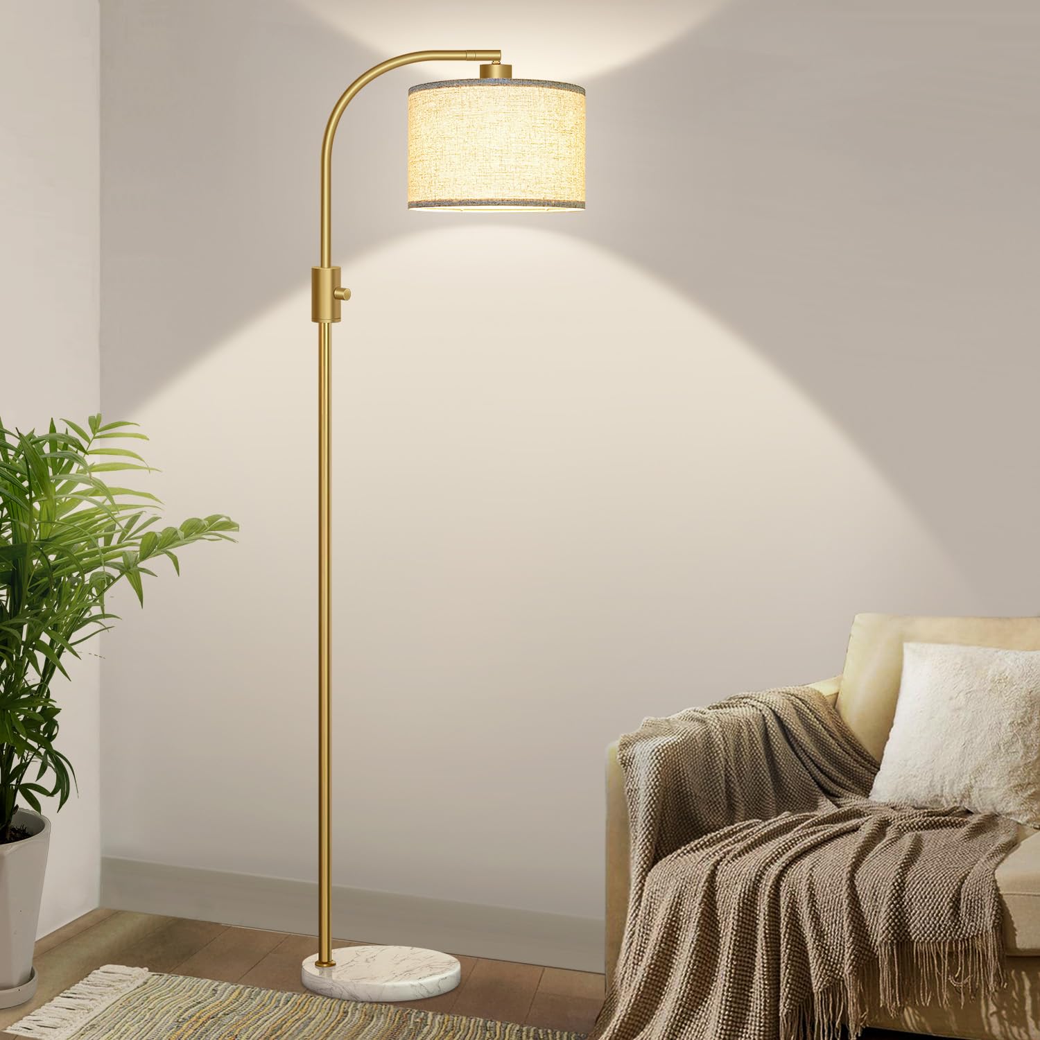 Nintiue Upgraded Modern Arc Dimmable Tall Standing Floor Lamp with Linen Shade, 1200 Lumens LED Bulb Included, for Living & Reading Room, Bedroom, Office & Nursery, Gold