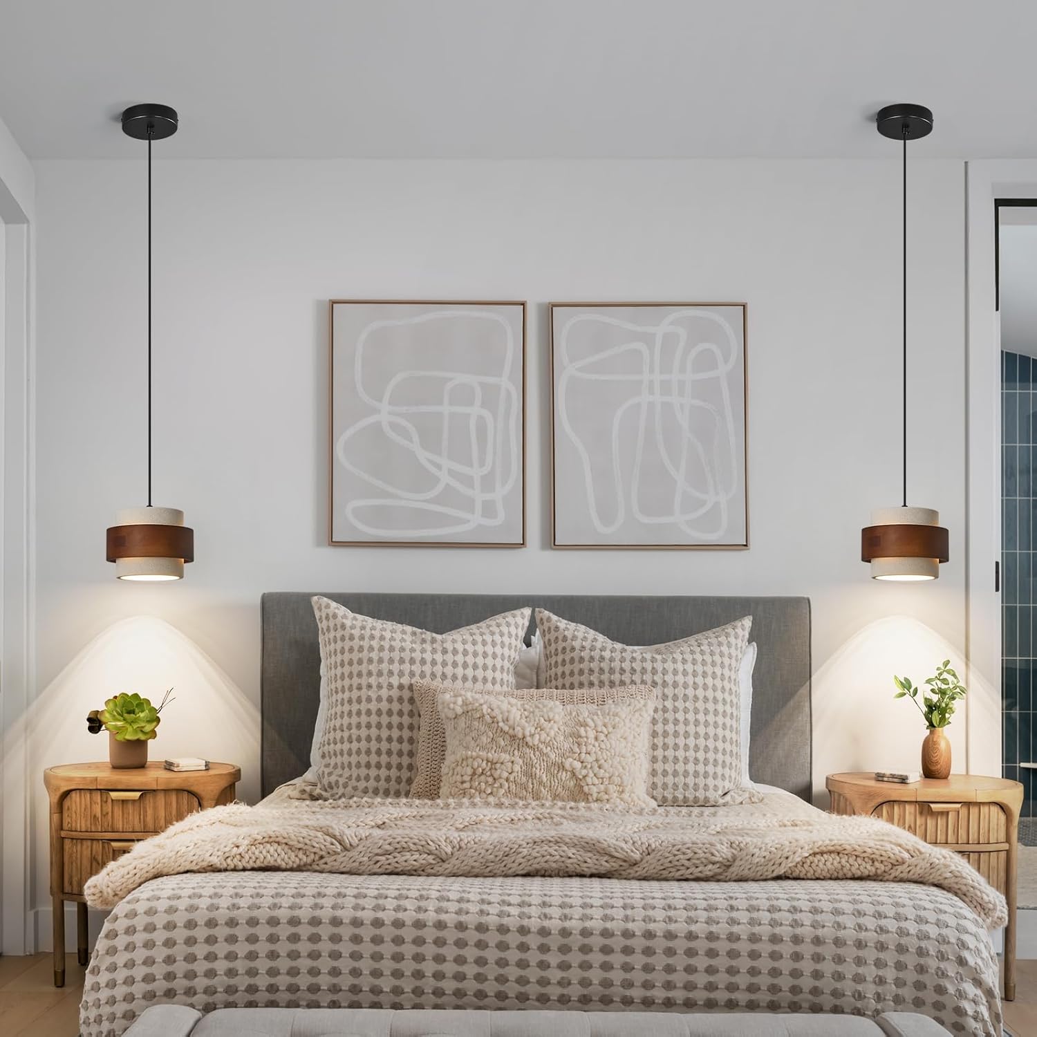 Modern Cement Pendant Light Fixture,Concrete Pendant Lights with Wood Accent,Vintage Farmhouse Chandelier for Kitchen Island Dining Room Living Room Bedroom Restaurant Cafe(White 2-Pack)