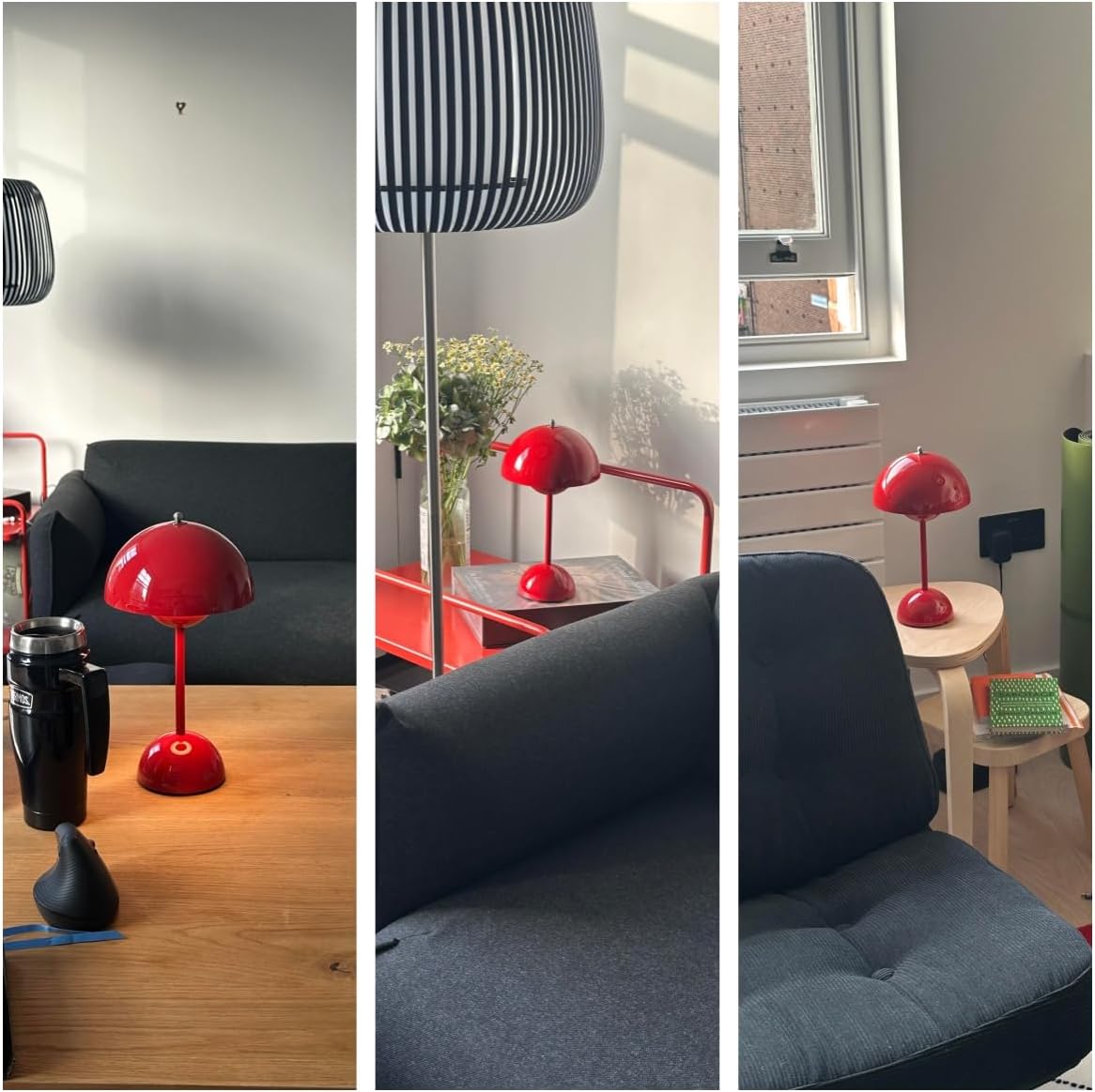 Modern Flower Bud Lamp 12" Cordless Touch Lamp Dimmable 2600mAh Rechargeable Desk Lamp Nordic Minimalist Mushroom Lamp Nightstand Bedside Lamp for Bedroom Living Room(Vermilion Red) No Reading Light