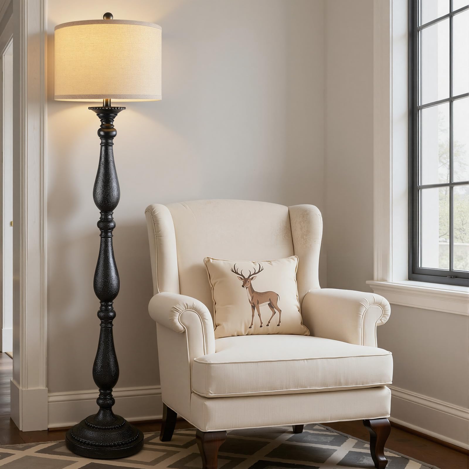 PARTPHONER Vintage Floor Lamp for Living Room, Rustic Farmhouse Standing Lamp with Rotary Switch and Linen Shade, Retro Resin Floor Lamp for Bedroom, Corner, Dining Room, House Decor, Wood Grain