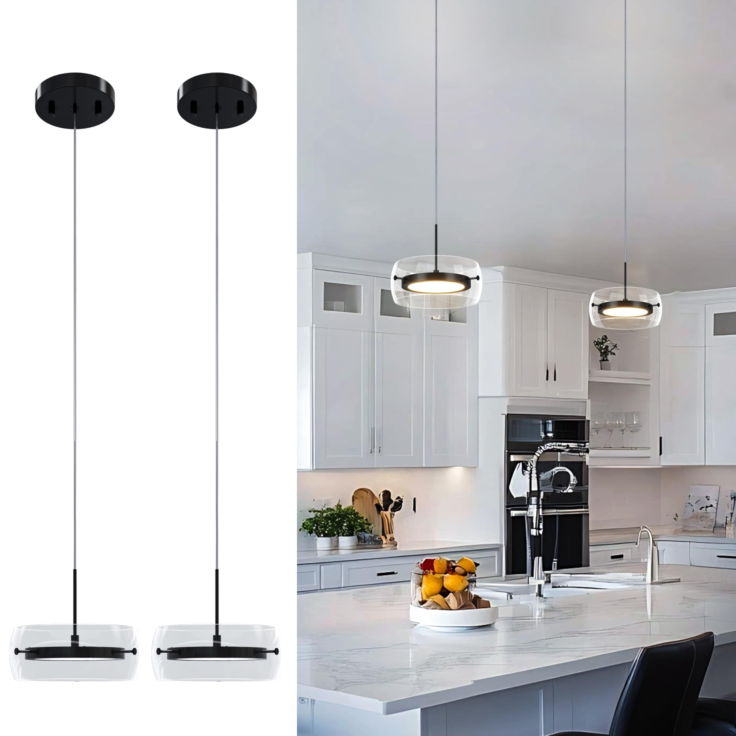 Pendant Lights Kitchen Island Dual-Sided LED Lighting, Adjustable Hanging Length, Glass Shade, Dimmable, Modern Ceiling Light Fixture for Dining Room, Bar, Living Room, Matte Black