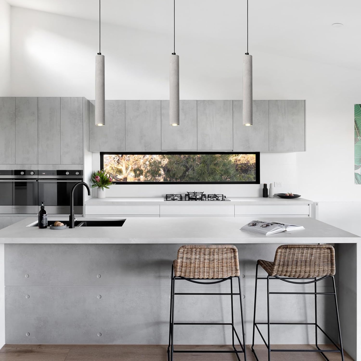 Concrete Linear Pendant Light,Modern Industrial Hanging Cement Pendant Lighting Fixture for Kitchen Island Dinning Room Bedroom Bedside Table Small Pendant Lights(2-Pack)