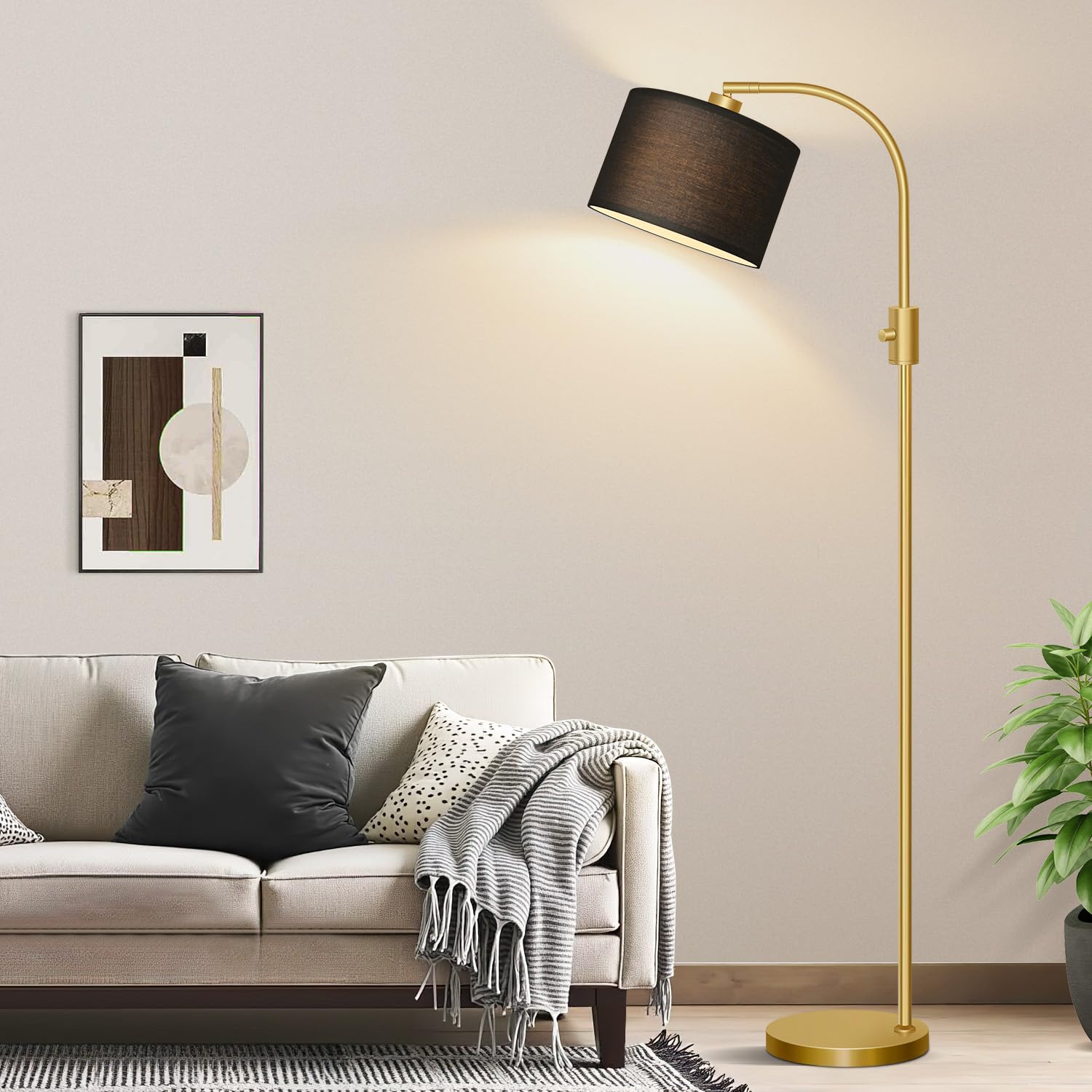Nintiue Upgraded Modern Arc Dimmable Tall Standing Floor Lamp with Linen Shade, 1200 Lumens LED Bulb Included, for Living & Reading Room, Bedroom, Office & Nursery, Gold