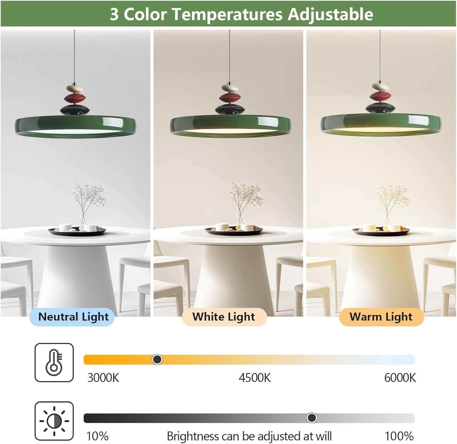 Modern Pendant Lights,Green 16" LED Pendant Lighting Fixture with Remote Control Dimmable 3 Color Mode & Brightness, Adjustable Hanging Lamp for Kitchen Dining Room Bedroom Kitchen Island