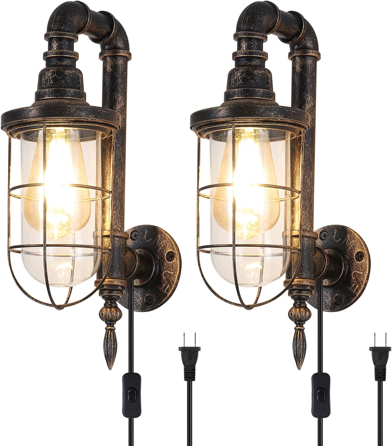 Industrial Plug in Wall Sconce E26 Edison Antique Wall Lights with 5.9Ft Plug in Cord On Off Switch Rustic Wall Sconces Lighting Fixture for Headboard Bedroom Porch Hallway 2 Pack