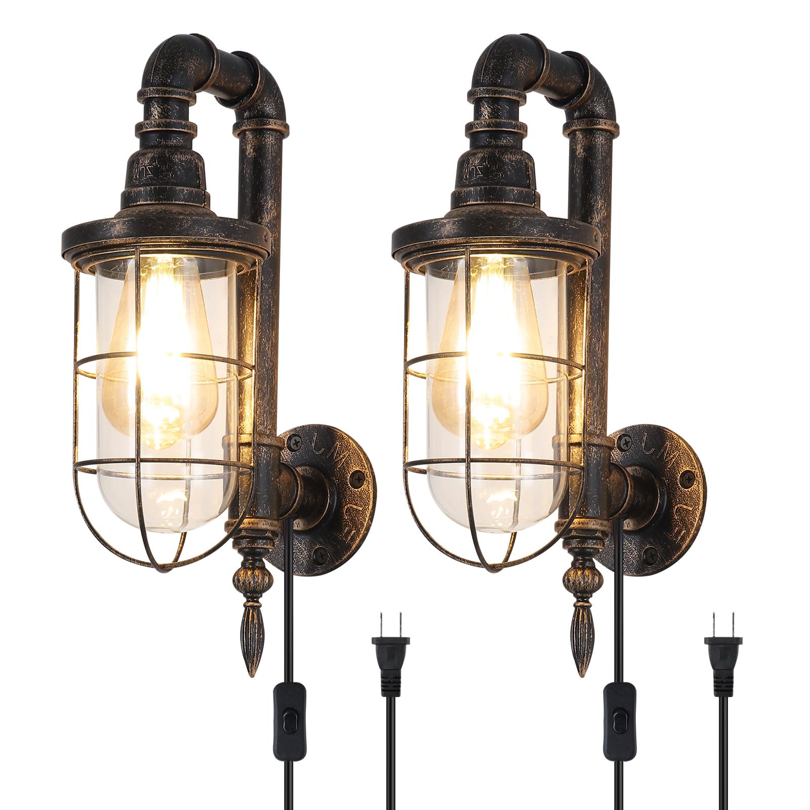 Industrial Plug in Wall Sconce E26 Edison Antique Wall Lights with 5.9Ft Plug in Cord On Off Switch Rustic Wall Sconces Lighting Fixture for Headboard Bedroom Porch Hallway 2 Pack