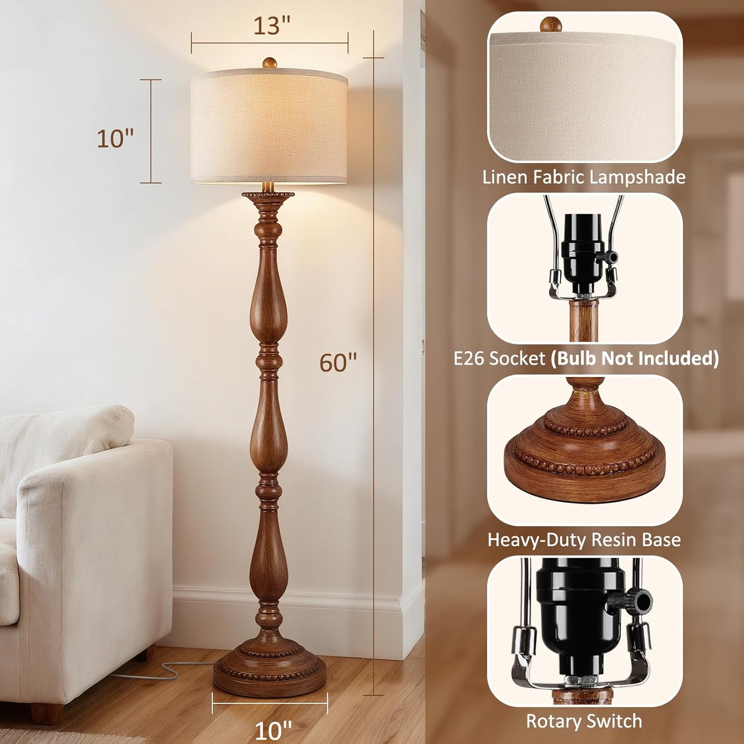 PARTPHONER Vintage Floor Lamp for Living Room, Rustic Farmhouse Standing Lamp with Rotary Switch and Linen Shade, Retro Resin Floor Lamp for Bedroom, Corner, Dining Room, House Decor, Wood Grain