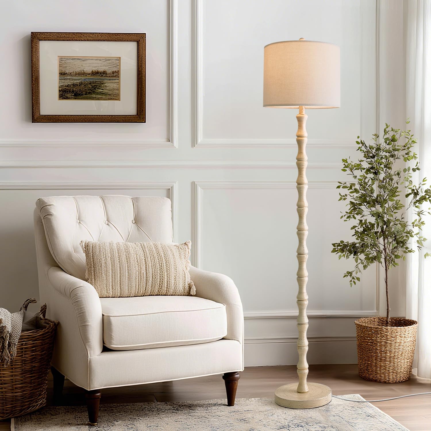 BOBOMOMO 62" Rustic Floor Lamp for Living Room, Retro Farmhouse Floor Lamp Rotary Switch, Resin Standing Lamp for Living Room, Corner, Dining Room, Bedroom, House