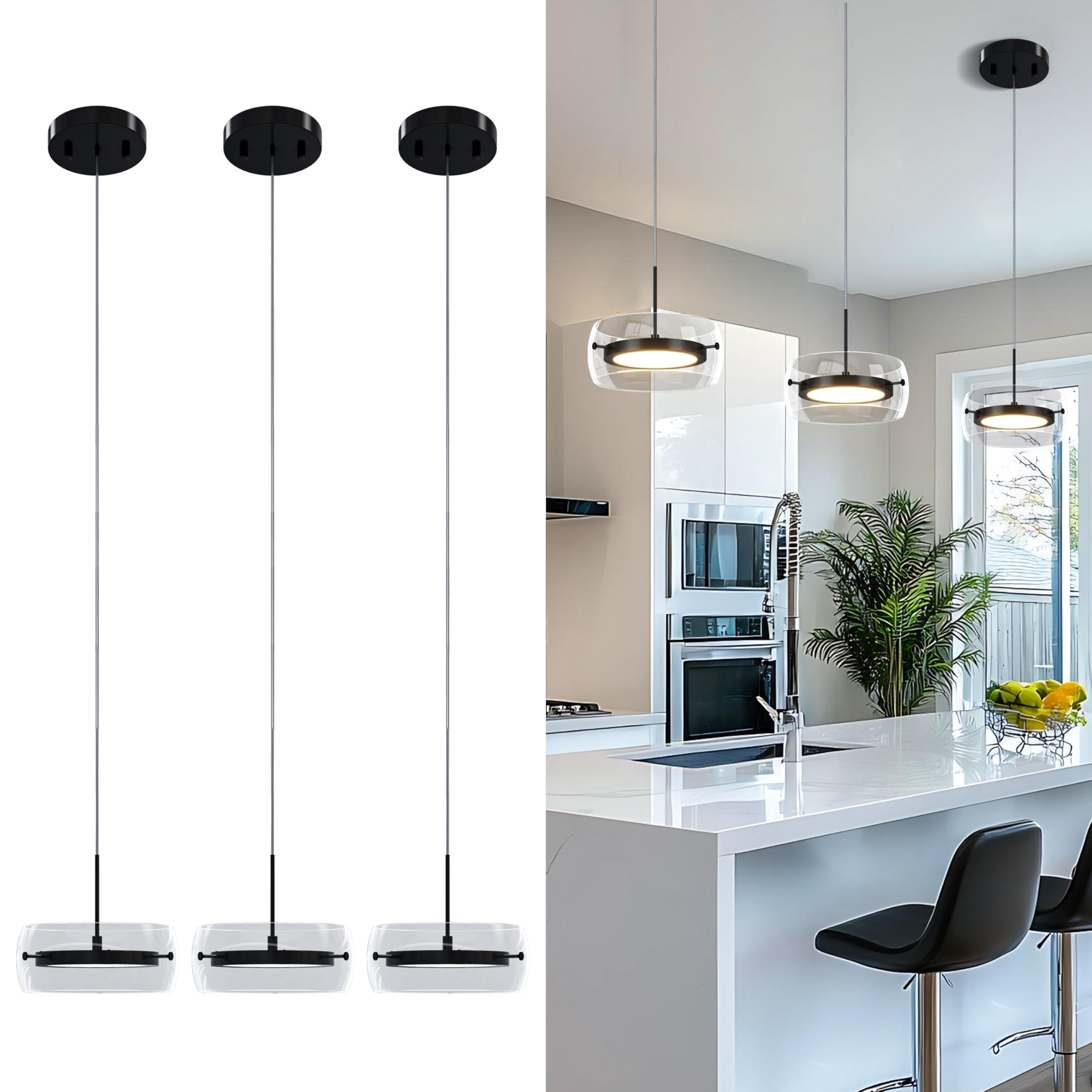 Pendant Lights Kitchen Island Dual-Sided LED Lighting, Adjustable Hanging Length, Glass Shade, Dimmable, Modern Ceiling Light Fixture for Dining Room, Bar, Living Room, Matte Black