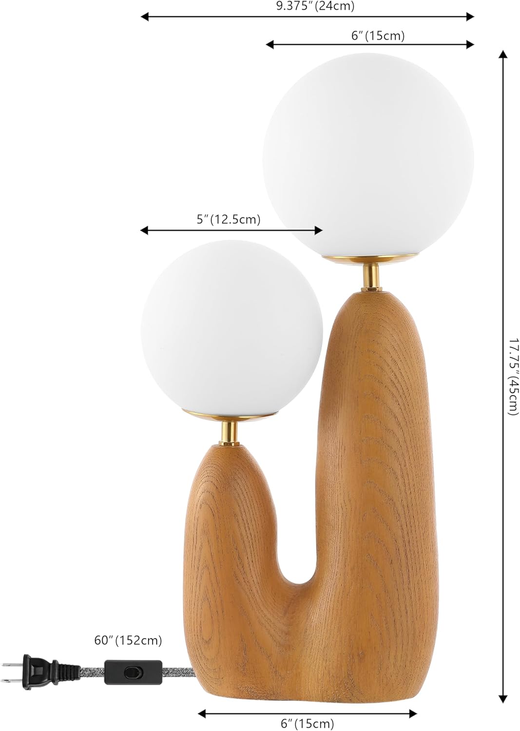 JONATHAN Y 17.75" Brown Wood Finish/Brass Gold Modern Bohemian Danish Cactus LED Table Lamp, 2-Light Mid-Century Minimalist Desk Light for Bedroom Living Room, Frosted Glass Globe Shades JYL4065A