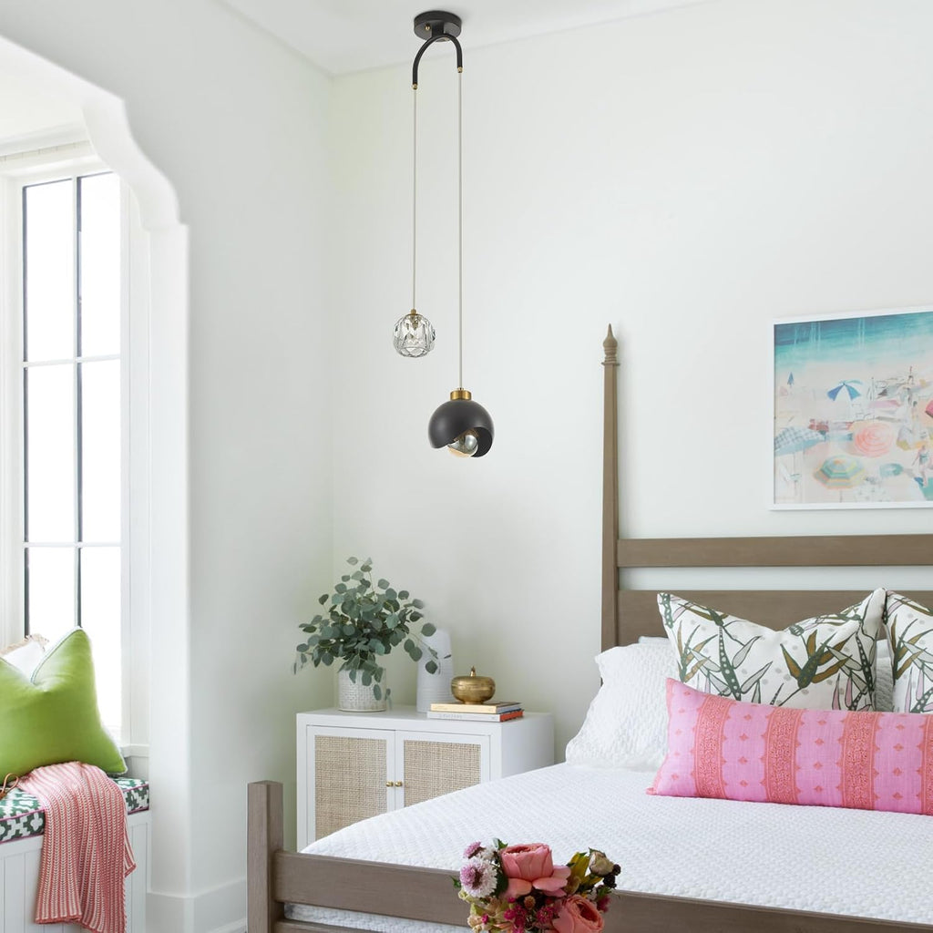 2 - Light Modern Pendant Light with Crystal Accent, Black Pendant Light Hallway, Unique Hanging Light Fixture for Entryway Bedroom Kitchen Island