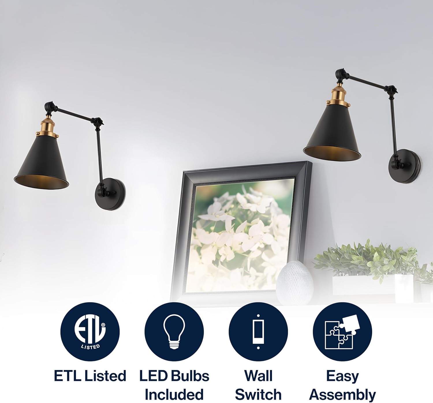 JONATHAN Y 7" Black/Brass Gold Classic Industrial Metal Adjustable Arm LED Wall Sconce for Bedside Reading, Farmhouse Swing Arm Wall Lamp with Metal Shade, Hardwired (JYL7462A-SET2)