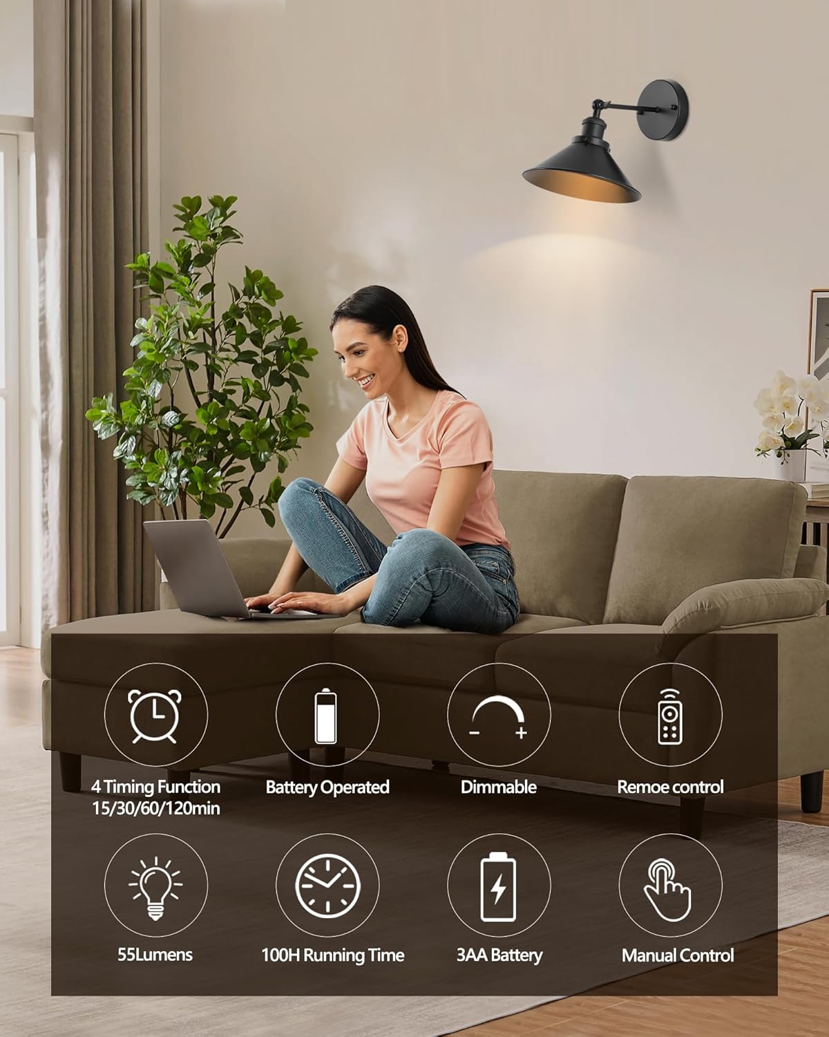 Black Vintage Wireless Battery Operated Wall Sconces, Industrial Cordless Battery Powered Led Wall Lights Set of 2, Wall Lamp Fixture Indoor with Remote Control for Bedroom Farmhouse Gallery