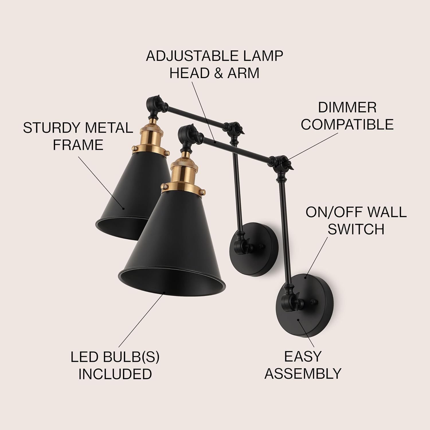 JONATHAN Y 7" Black/Brass Gold Classic Industrial Metal Adjustable Arm LED Wall Sconce for Bedside Reading, Farmhouse Swing Arm Wall Lamp with Metal Shade, Hardwired (JYL7462A-SET2)