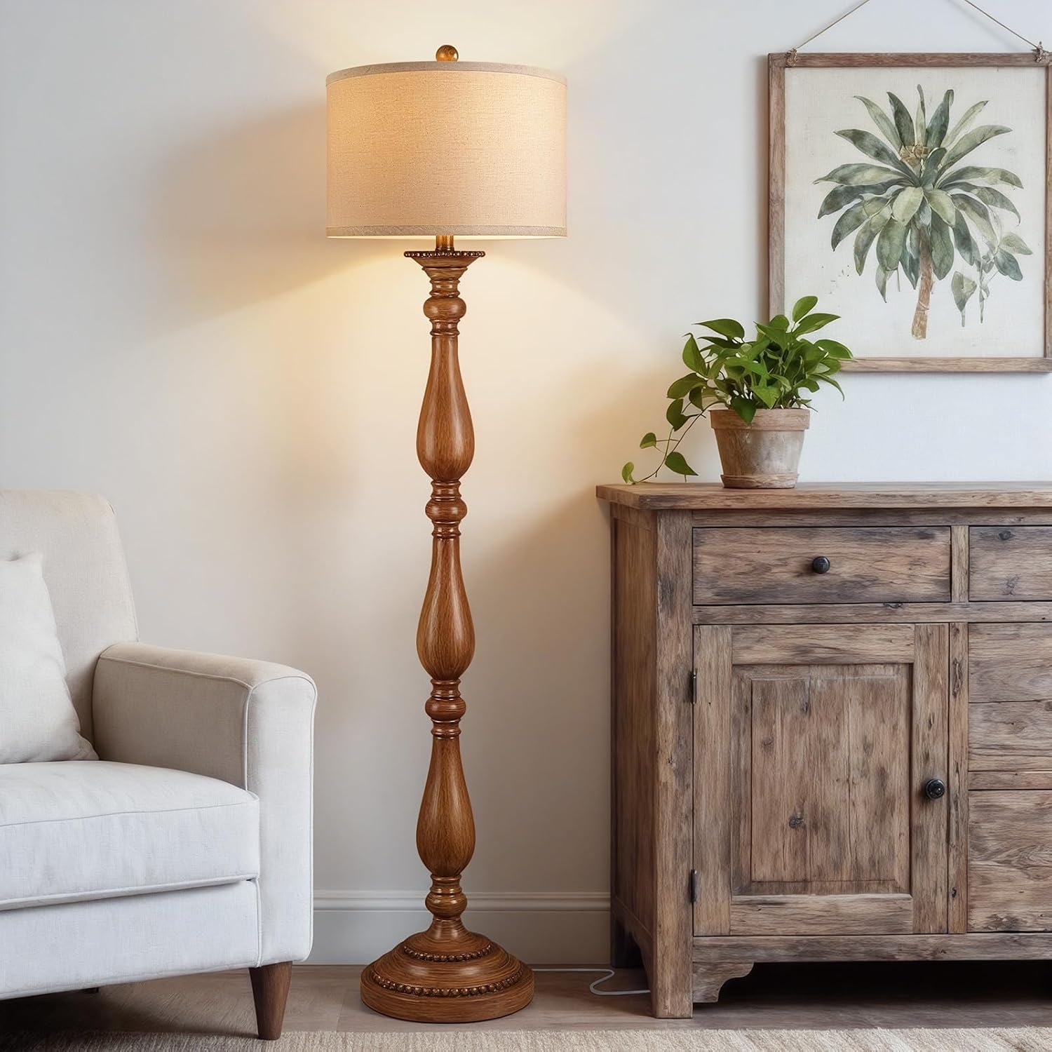 PARTPHONER Vintage Floor Lamp for Living Room, Rustic Farmhouse Standing Lamp with Rotary Switch and Linen Shade, Retro Resin Floor Lamp for Bedroom, Corner, Dining Room, House Decor, Wood Grain