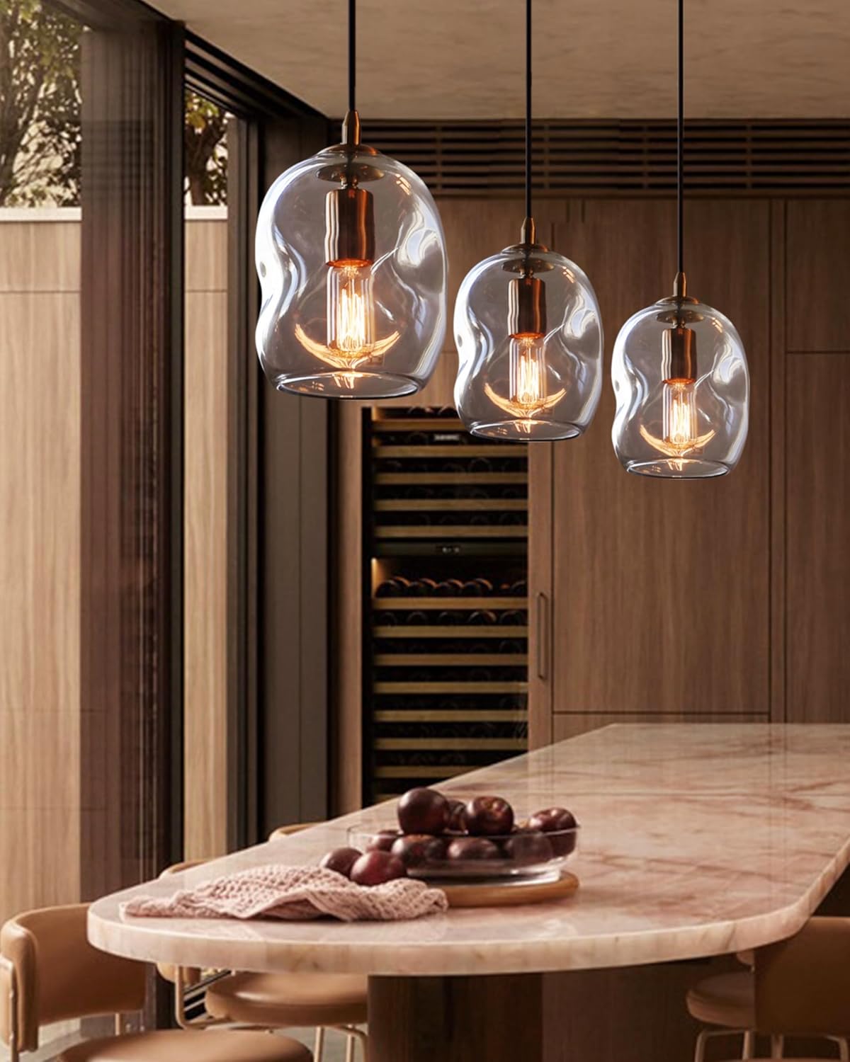 CASAMOTION Pendant Lights Kitchen Island 2 Pack Modern Contemporary Clear Glass Organic Globe Brass Hardware Adjustable Cord Bedroom Dining Table Small Medium Lamp 8 Inch Height