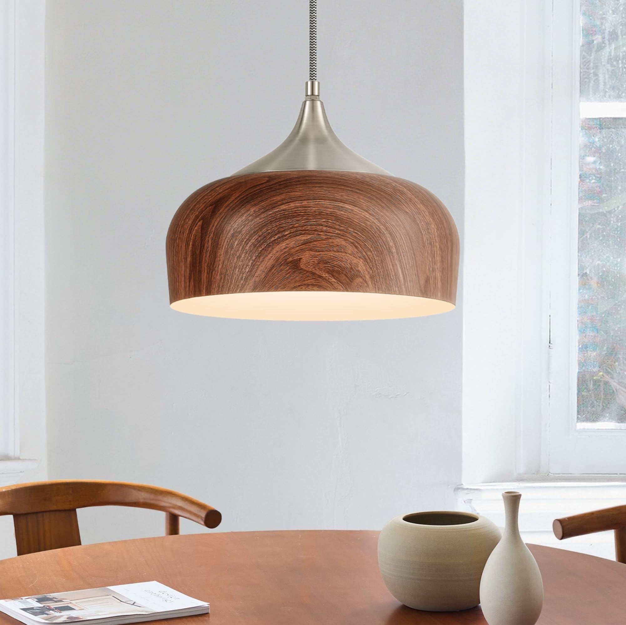 ELYONA Modern Pendant Light Walnut Wooden Pattern Dome Pendant Light Fixture Matte Black Metal Gold Inner Finish Adjustable Hanging Lighting for Kitchen Island Dining Room Office Hallway Foyer Bedroom