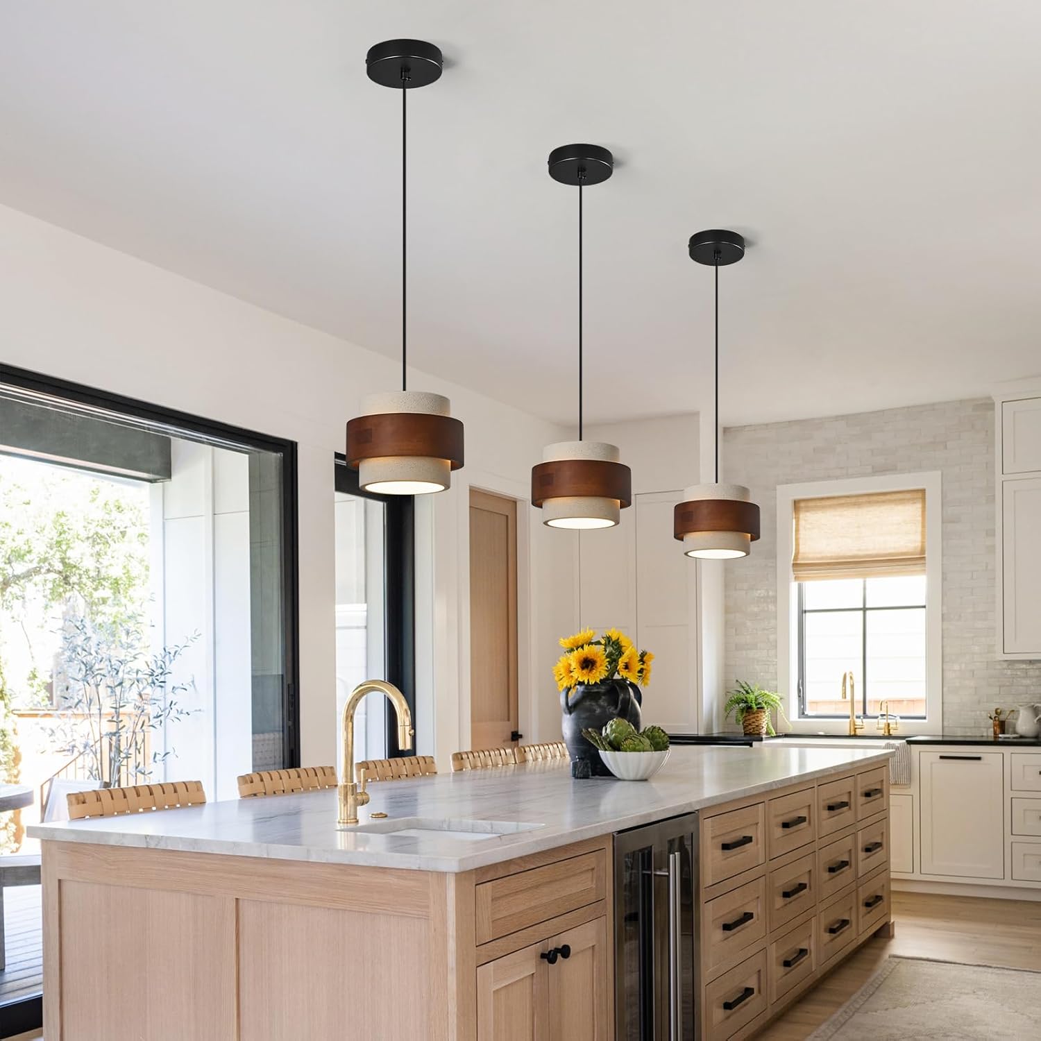 Modern Cement Pendant Light Fixture,Concrete Pendant Lights with Wood Accent,Vintage Farmhouse Chandelier for Kitchen Island Dining Room Living Room Bedroom Restaurant Cafe(White 2-Pack)