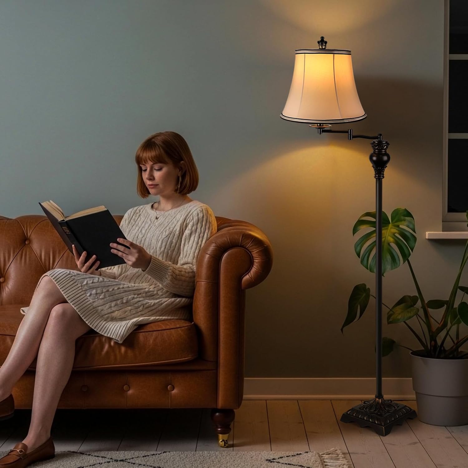 PARTPHONER Vintage Floor Lamps for Living Room,Traditional 350° Adjustable Swing Arm Farmhouse Floor Lamp for Bedroom, Rustic Standing Lamp Pole Lamps for Reading, Home Décor and Office, Brown