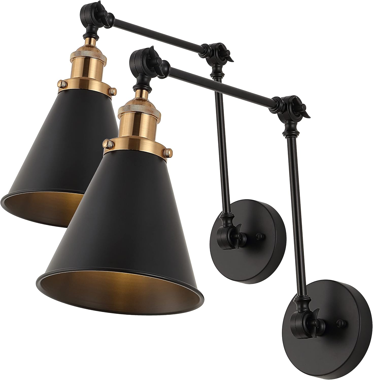 JONATHAN Y 7" Black/Brass Gold Classic Industrial Metal Adjustable Arm LED Wall Sconce for Bedside Reading, Farmhouse Swing Arm Wall Lamp with Metal Shade, Hardwired (JYL7462A-SET2)