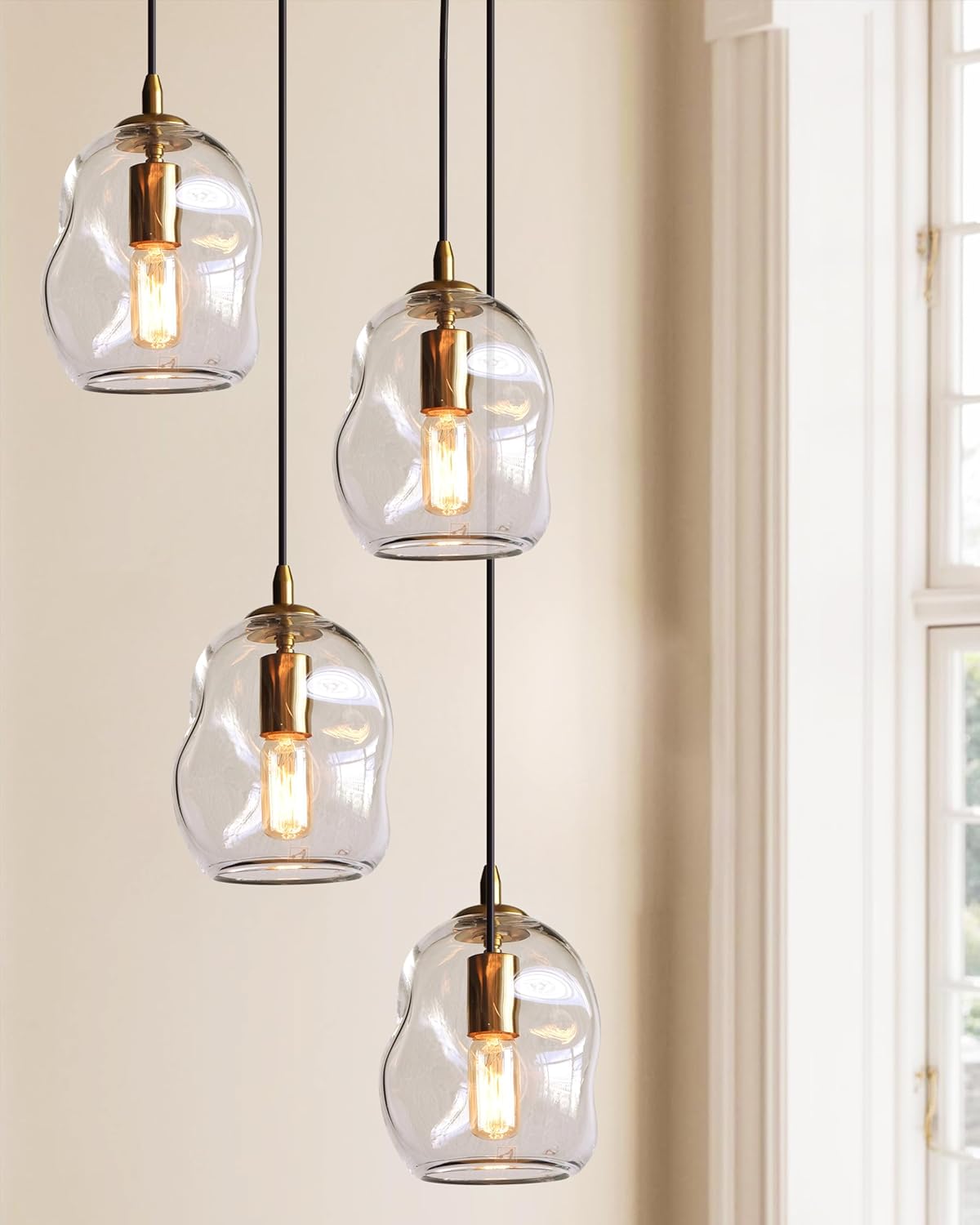 CASAMOTION Pendant Lights Kitchen Island 2 Pack Modern Contemporary Clear Glass Organic Globe Brass Hardware Adjustable Cord Bedroom Dining Table Small Medium Lamp 8 Inch Height