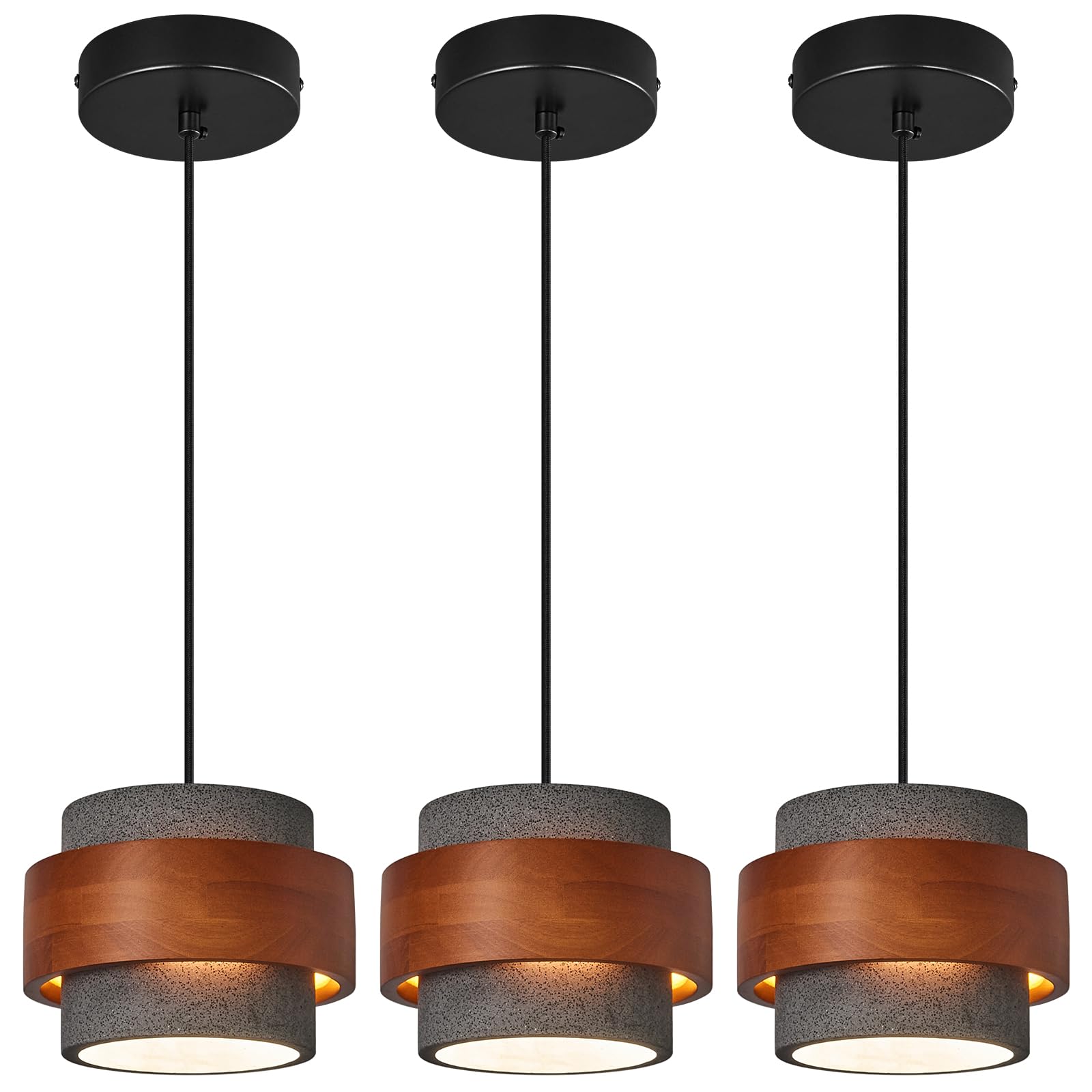 Modern Cement Pendant Light Fixture,Concrete Pendant Lights with Wood Accent,Vintage Farmhouse Chandelier for Kitchen Island Dining Room Living Room Bedroom Restaurant Cafe(White 2-Pack)