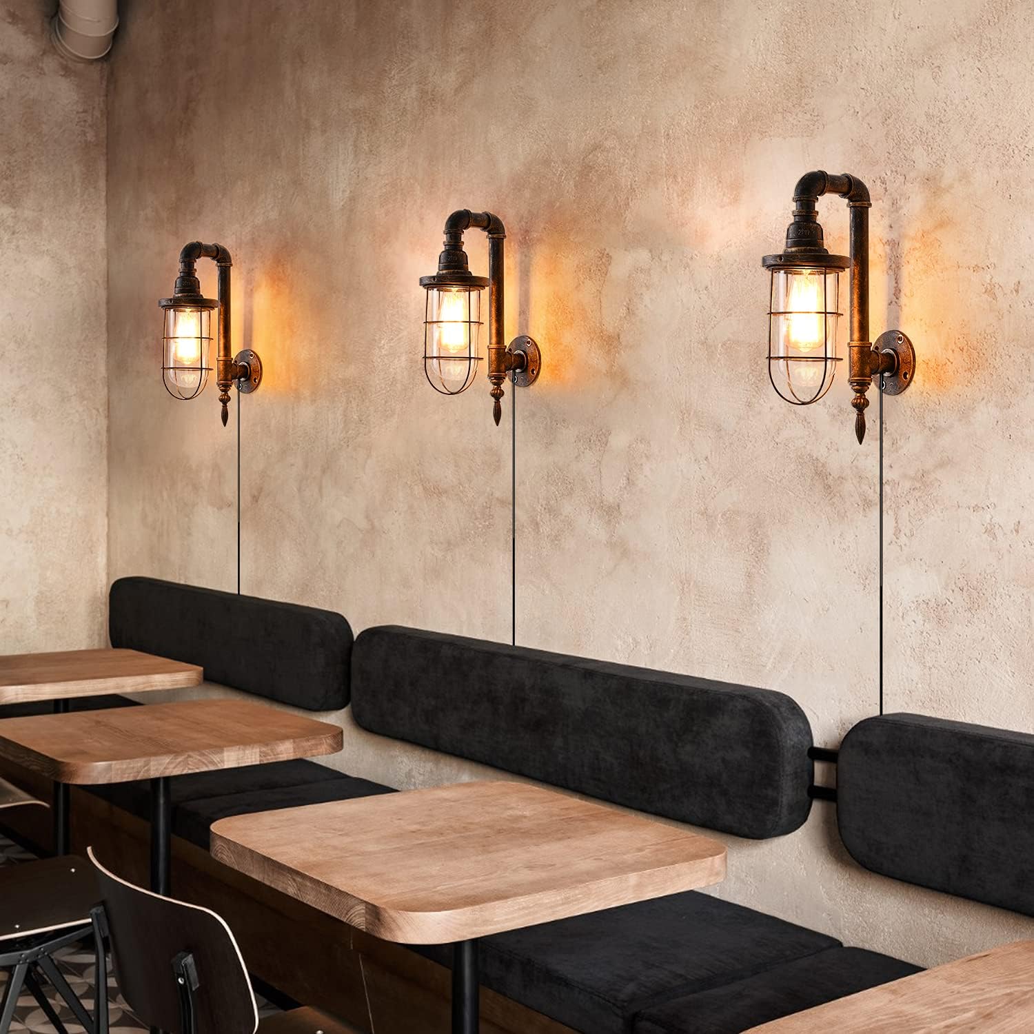 Industrial Plug in Wall Light E26 Base Edison Wire Retro Style Vintage Wall Lights with 5.9Ft Adjustable Plug in Cord Rustic Wall Sconce Fixture for Headboard Bedroom Porch - Cage