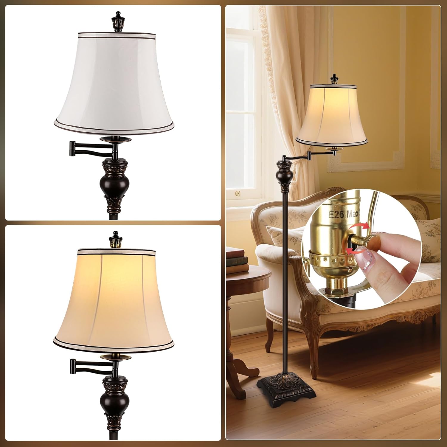 PARTPHONER Vintage Floor Lamps for Living Room,Traditional 350° Adjustable Swing Arm Farmhouse Floor Lamp for Bedroom, Rustic Standing Lamp Pole Lamps for Reading, Home Décor and Office, Brown