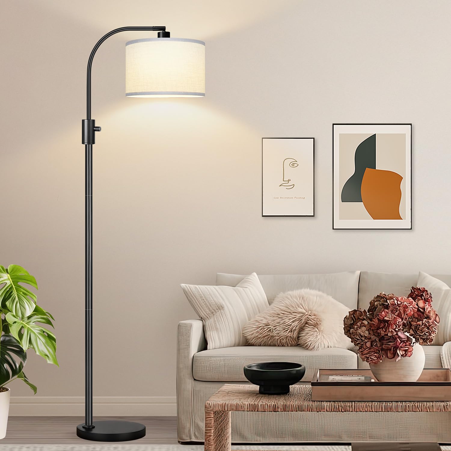 Nintiue Upgraded Modern Arc Dimmable Tall Standing Floor Lamp with Linen Shade, 1200 Lumens LED Bulb Included, for Living & Reading Room, Bedroom, Office & Nursery, Gold