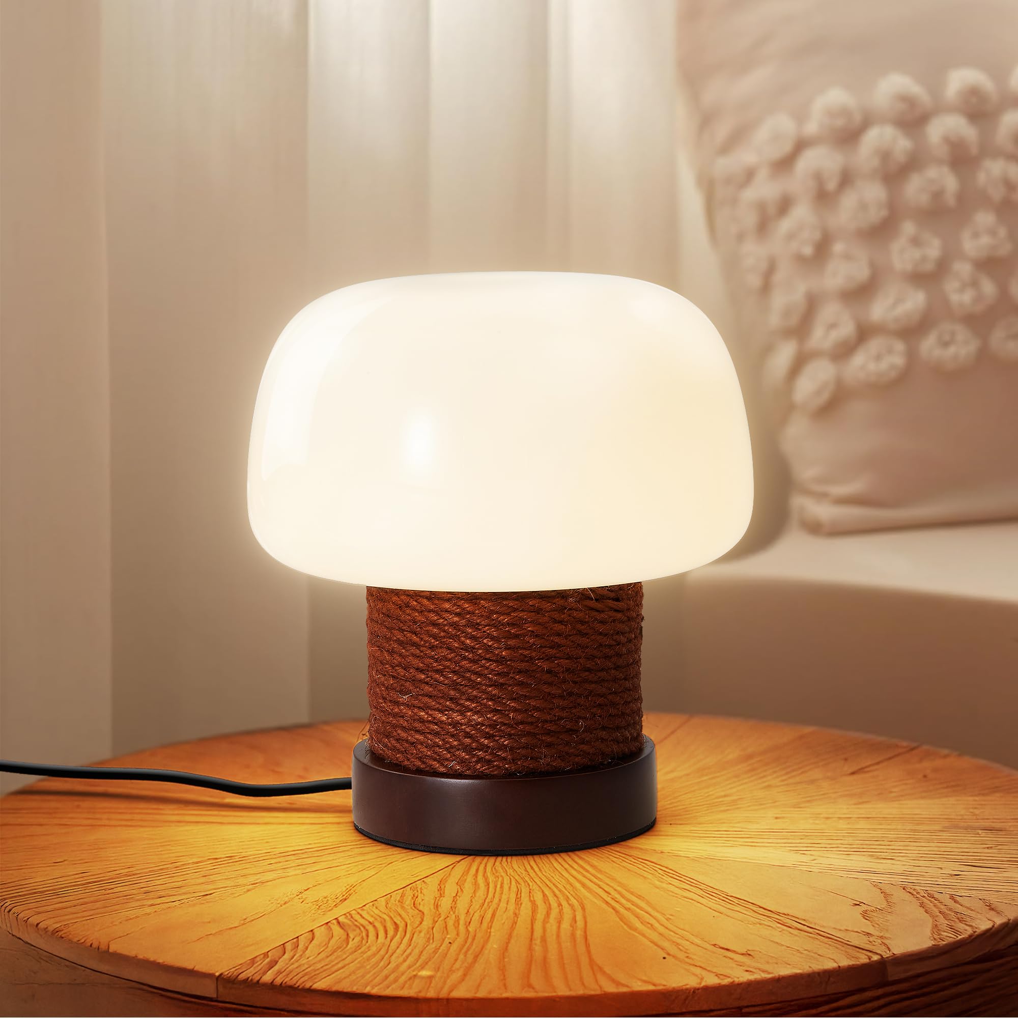 Small Table Lamp for Bedroom-Wooden Base Teardrop Mushroom Table Lamps,Amber Glass Shade,LED Three Color Temperature Adjustable Brightness Modern LED Side Table and Desk Lighting(H 9.7 in)