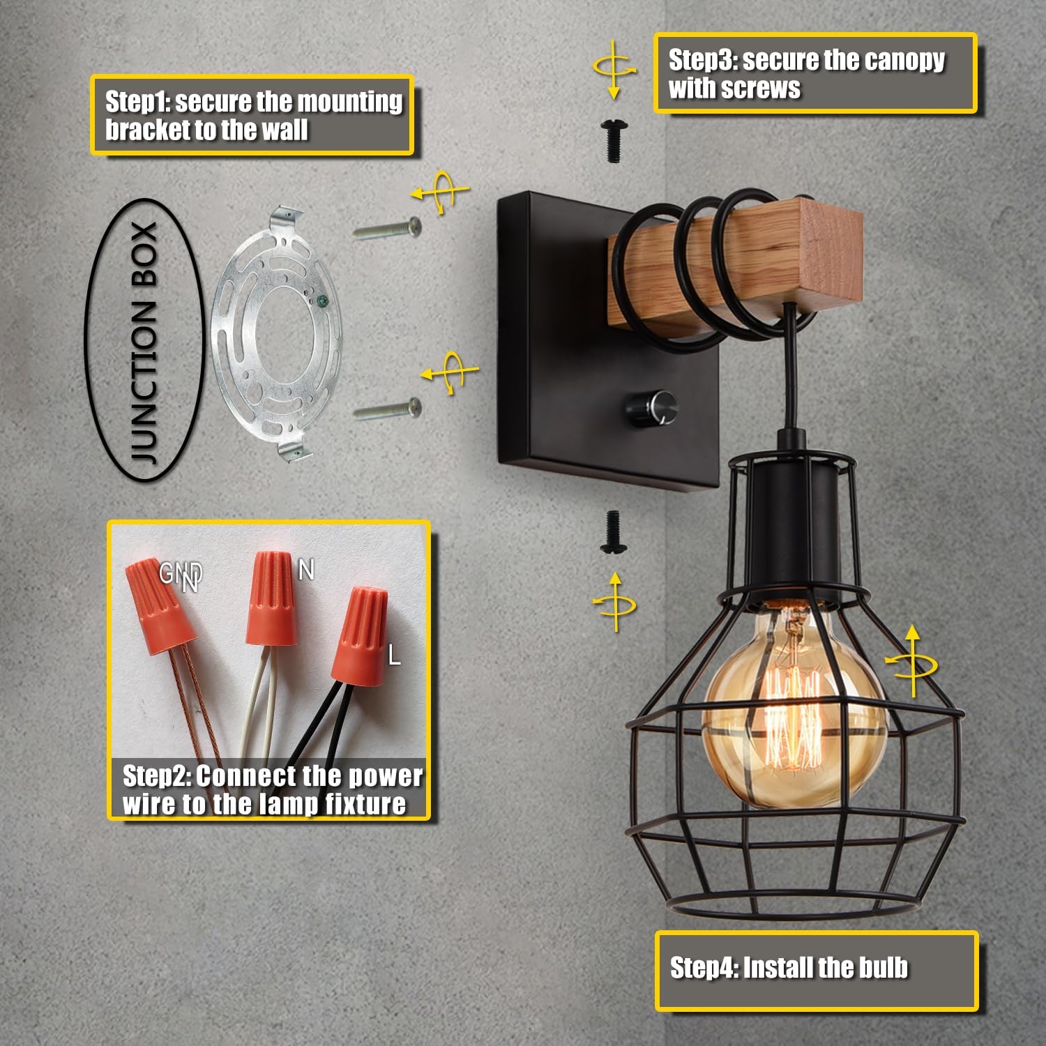 Set of 2 Industrial Wall Sconces with Dimmer ON/Off Switch, Farmhouse Wall Mount Light with Metal Cage Shade, Black Wall Lights Indoor for Kitchen Living Room