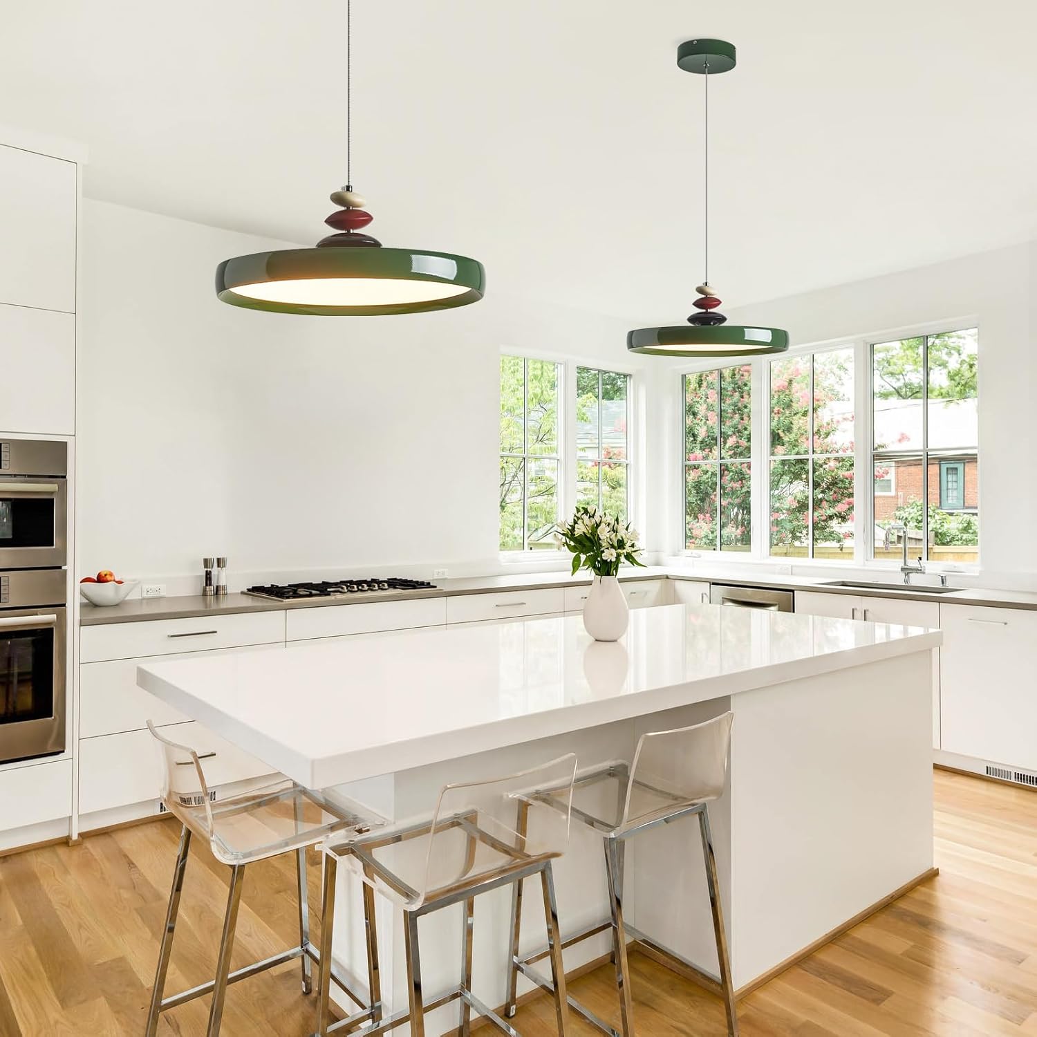 Modern Pendant Lights,Green 16" LED Pendant Lighting Fixture with Remote Control Dimmable 3 Color Mode & Brightness, Adjustable Hanging Lamp for Kitchen Dining Room Bedroom Kitchen Island