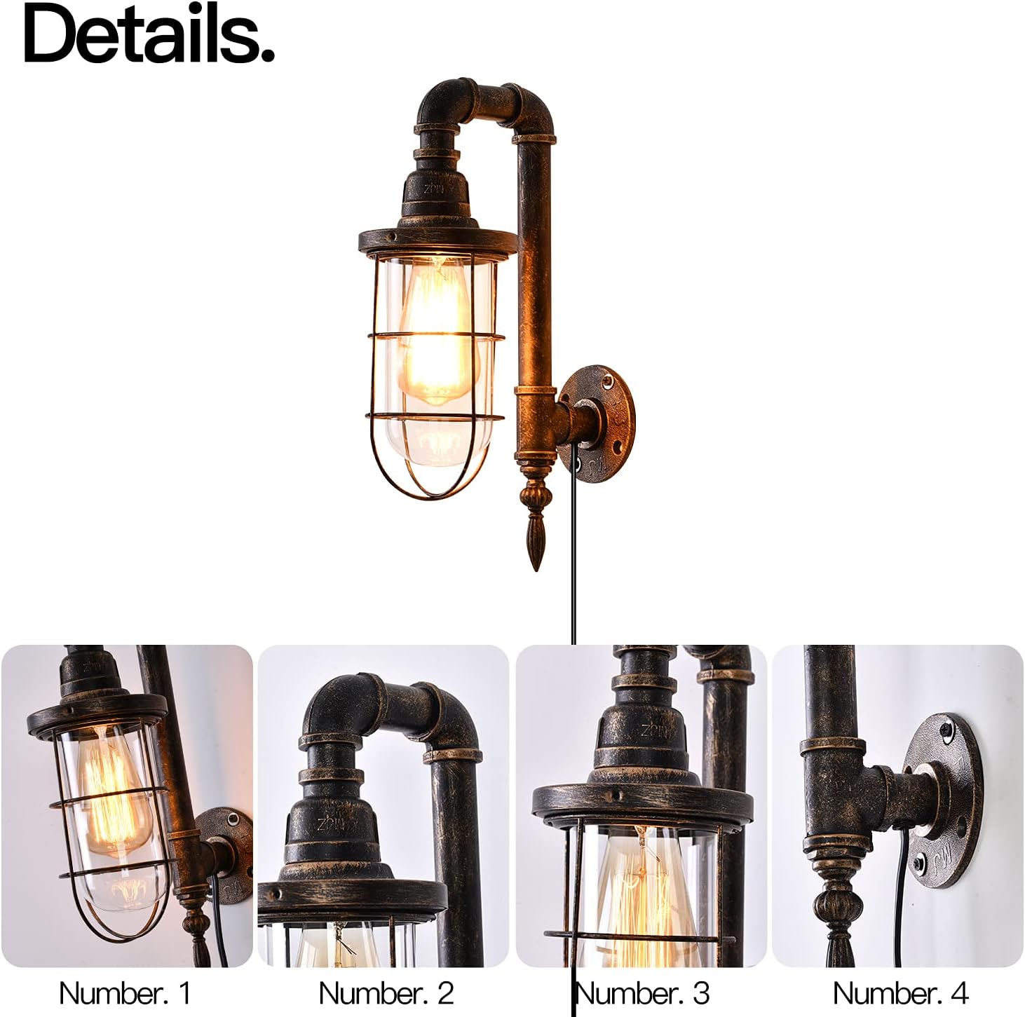 Industrial Plug in Wall Light E26 Base Edison Wire Retro Style Vintage Wall Lights with 5.9Ft Adjustable Plug in Cord Rustic Wall Sconce Fixture for Headboard Bedroom Porch - Cage