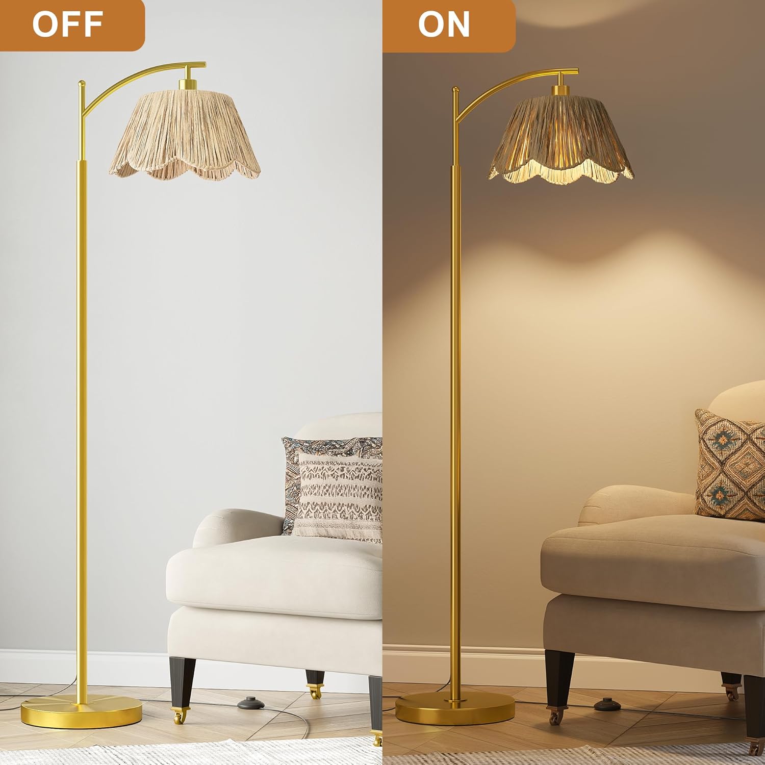Oneach Arc Floor Lamp for Living Room,Rattan Boho Floor Lamp with Hand-Woven Shade, Foot Switch,Gold Metal Base & Pole,Farmhouse Standing Lamp for Bedroom Corner,Reading