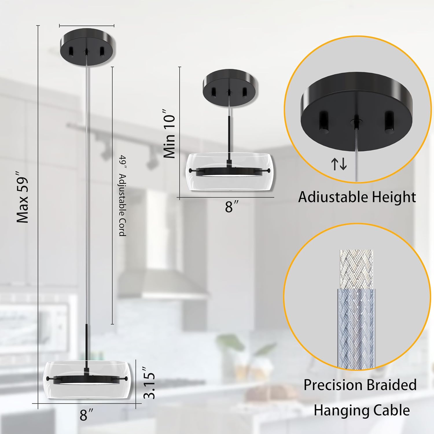 Pendant Lights Kitchen Island Dual-Sided LED Lighting, Adjustable Hanging Length, Glass Shade, Dimmable, Modern Ceiling Light Fixture for Dining Room, Bar, Living Room, Matte Black