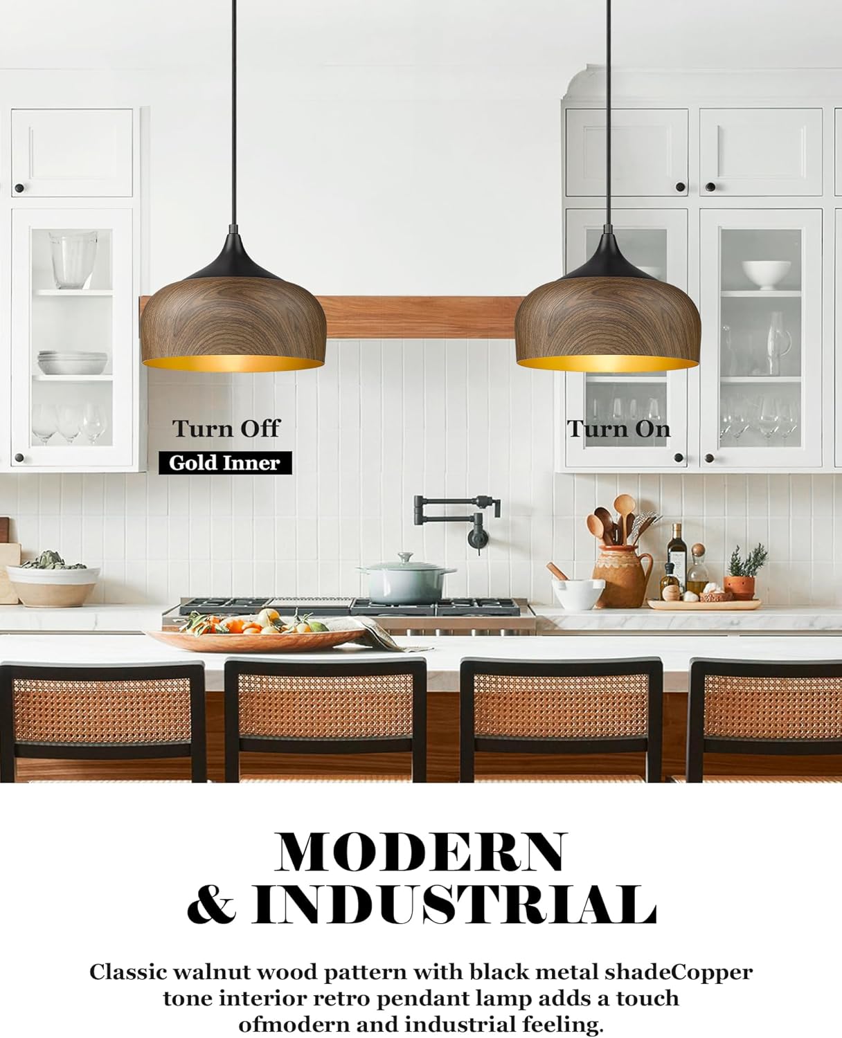 ELYONA Modern Pendant Light Walnut Wooden Pattern Dome Pendant Light Fixture Matte Black Metal Gold Inner Finish Adjustable Hanging Lighting for Kitchen Island Dining Room Office Hallway Foyer Bedroom