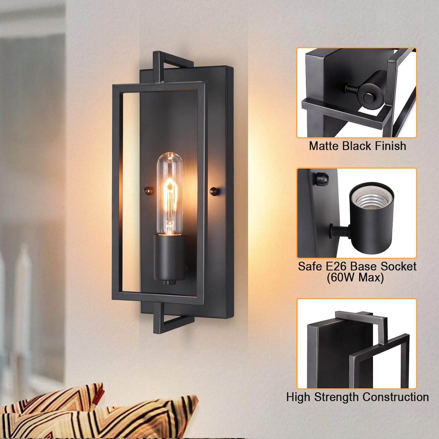 Industrial Wall Sconces Set of 2, Vintage Light Fixture, E26 Base, Matte Black Metal Wall Mount Lamp, Modern Indoor Lighting Hardwired