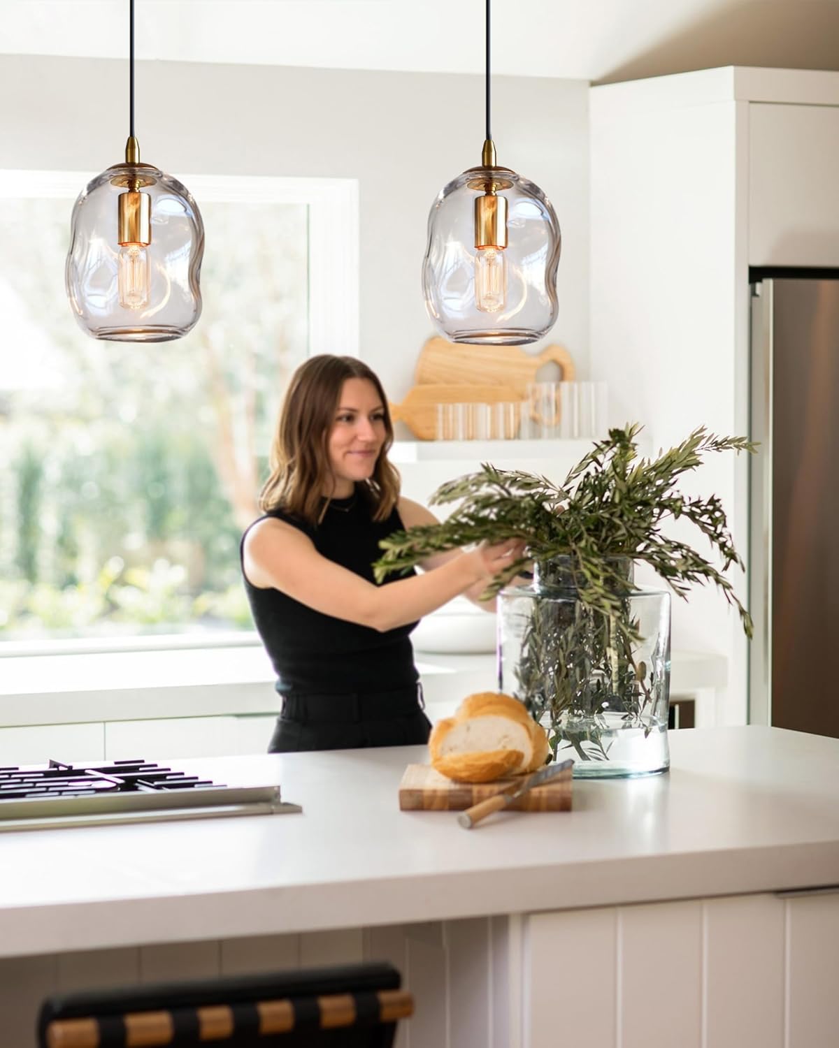 CASAMOTION Pendant Lights Kitchen Island 2 Pack Modern Contemporary Clear Glass Organic Globe Brass Hardware Adjustable Cord Bedroom Dining Table Small Medium Lamp 8 Inch Height