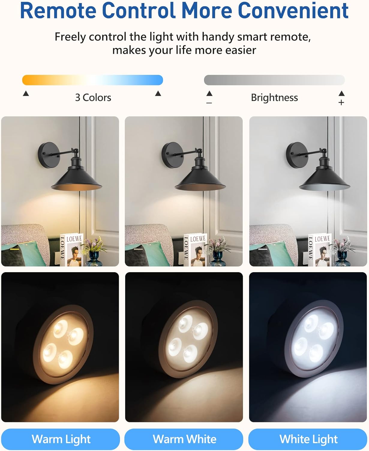 Black Vintage Wireless Battery Operated Wall Sconces, Industrial Cordless Battery Powered Led Wall Lights Set of 2, Wall Lamp Fixture Indoor with Remote Control for Bedroom Farmhouse Gallery