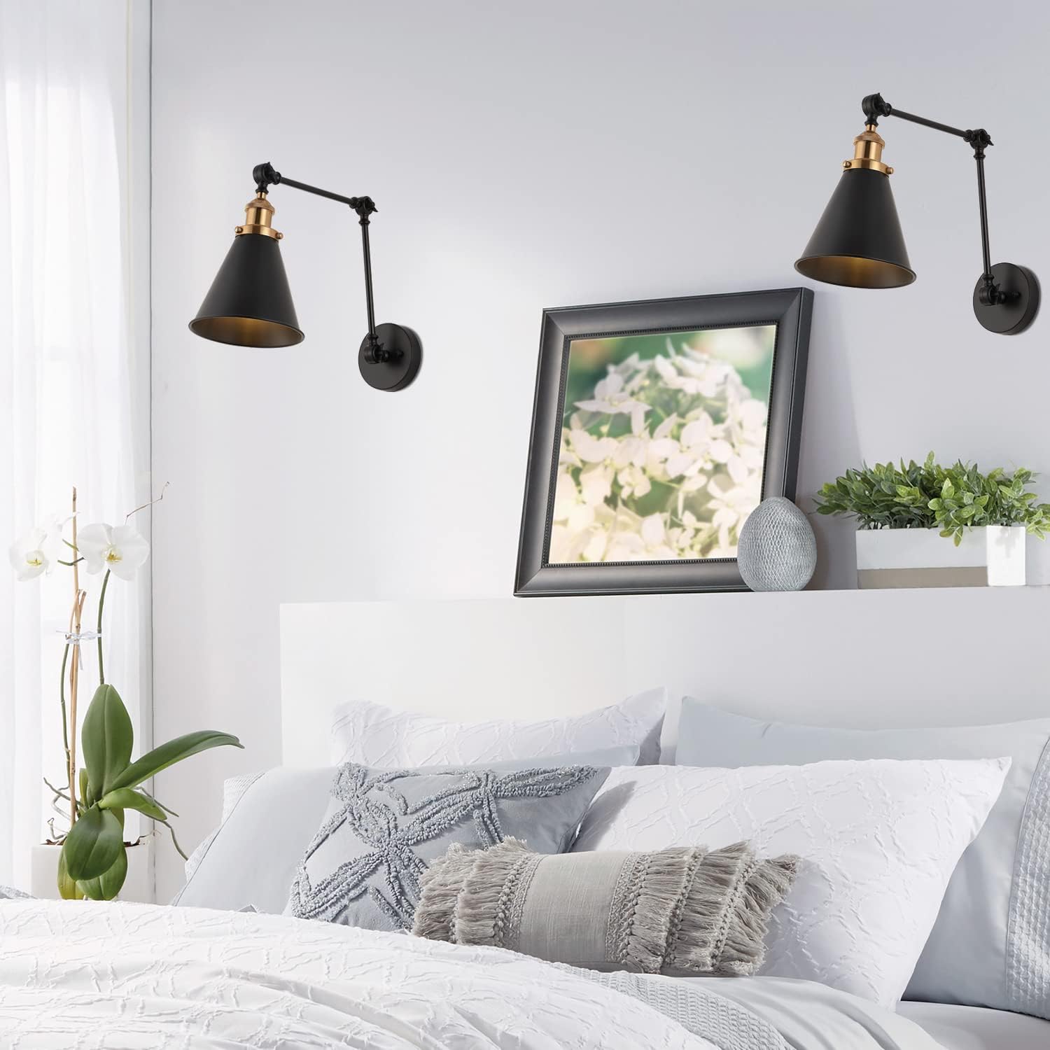 JONATHAN Y 7" Black/Brass Gold Classic Industrial Metal Adjustable Arm LED Wall Sconce for Bedside Reading, Farmhouse Swing Arm Wall Lamp with Metal Shade, Hardwired (JYL7462A-SET2)