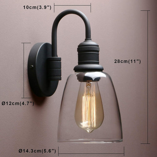 1-Light Vintage Wall Sconce, Yosoan Black Industrial Fixture Light with Elegant Gooseneck Curved Rod, Indoor Clear Glass Shade Wall Lamp Lighting for Bathroom Porch Kitchen Living Room Restaurant