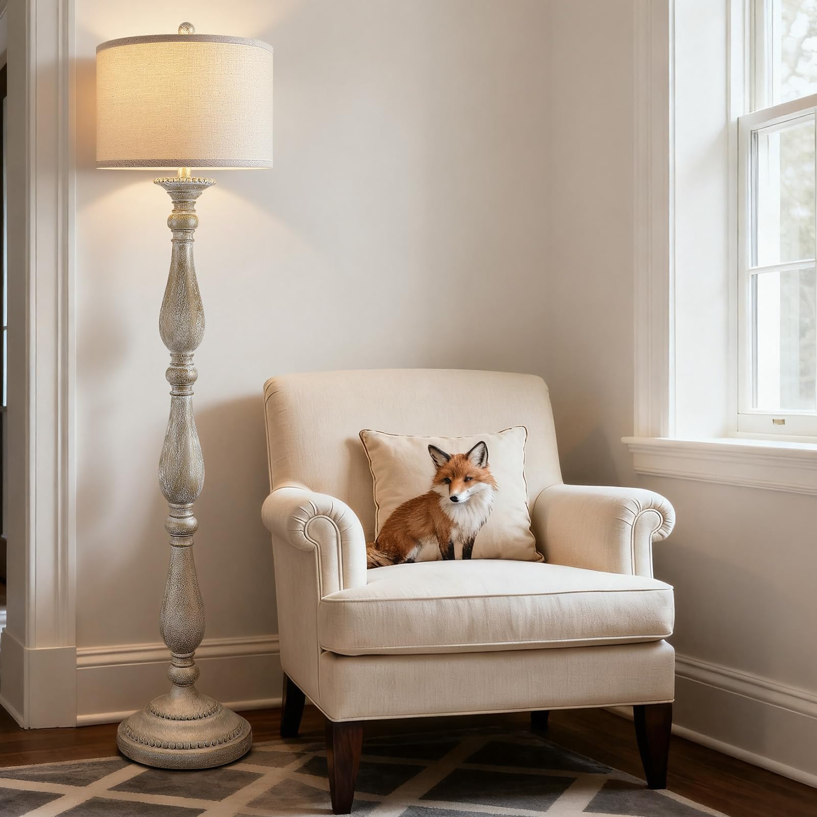 PARTPHONER Vintage Floor Lamp for Living Room, Rustic Farmhouse Standing Lamp with Rotary Switch and Linen Shade, Retro Resin Floor Lamp for Bedroom, Corner, Dining Room, House Decor, Wood Grain