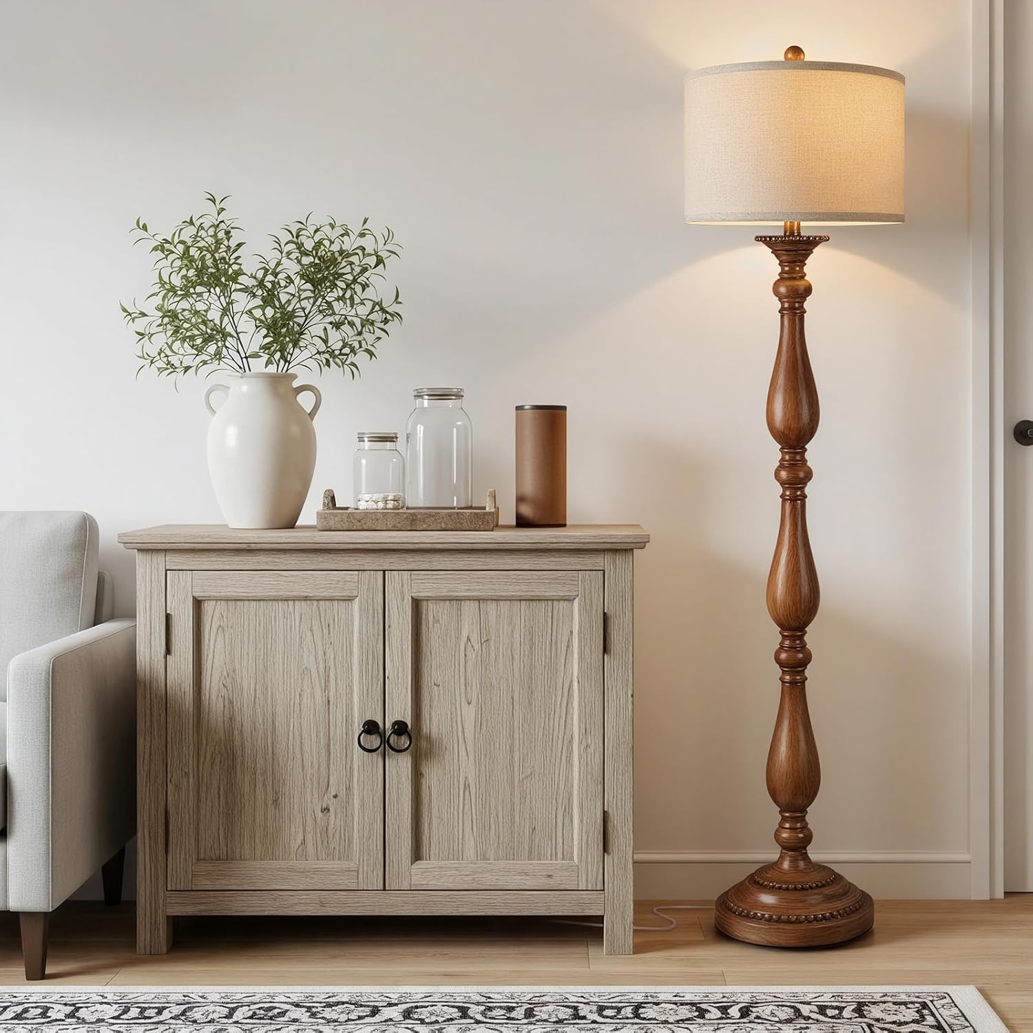 PARTPHONER Vintage Floor Lamp for Living Room, Rustic Farmhouse Standing Lamp with Rotary Switch and Linen Shade, Retro Resin Floor Lamp for Bedroom, Corner, Dining Room, House Decor, Wood Grain