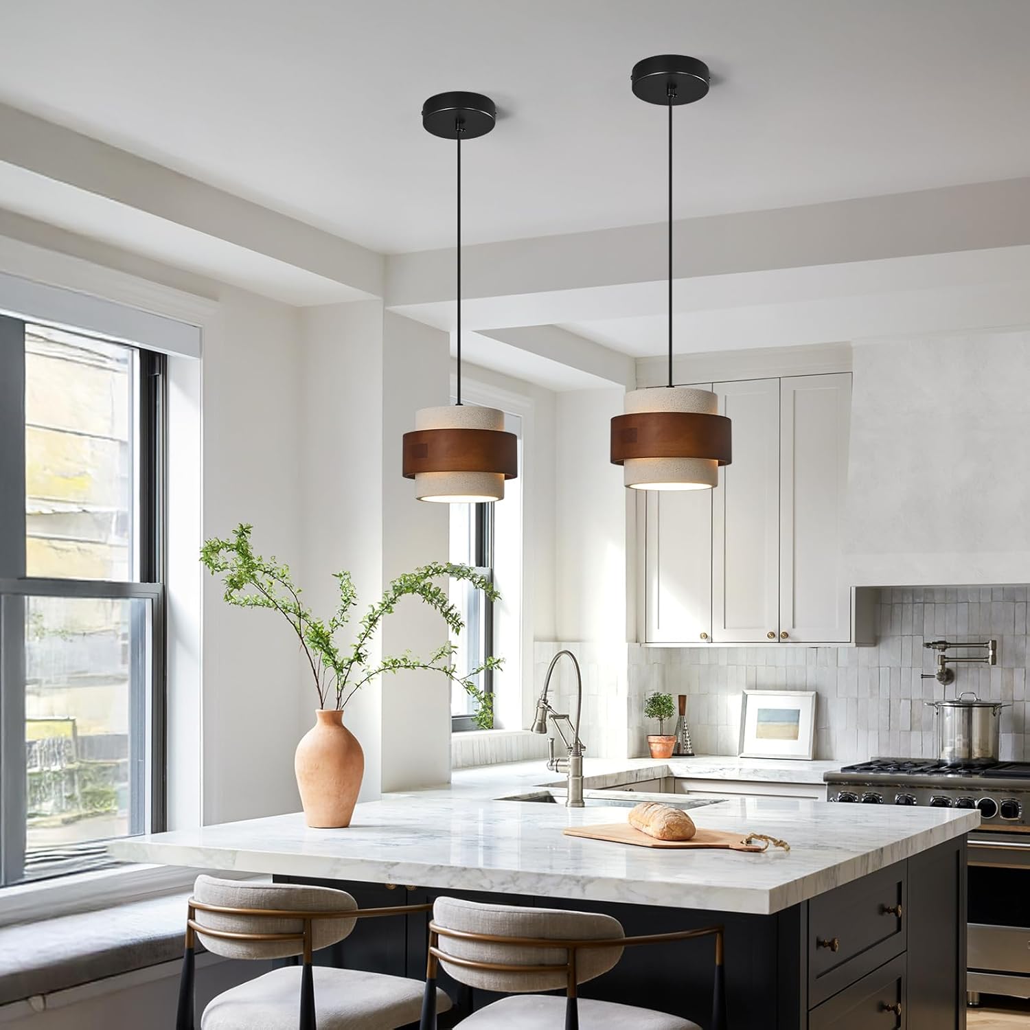 Modern Cement Pendant Light Fixture,Concrete Pendant Lights with Wood Accent,Vintage Farmhouse Chandelier for Kitchen Island Dining Room Living Room Bedroom Restaurant Cafe(White 2-Pack)