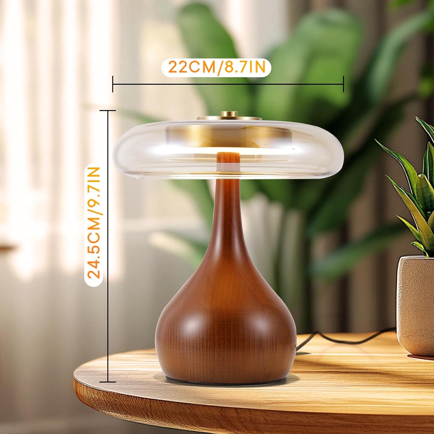 Small Table Lamp for Bedroom-Wooden Base Teardrop Mushroom Table Lamps,Amber Glass Shade,LED Three Color Temperature Adjustable Brightness Modern LED Side Table and Desk Lighting(H 9.7 in)
