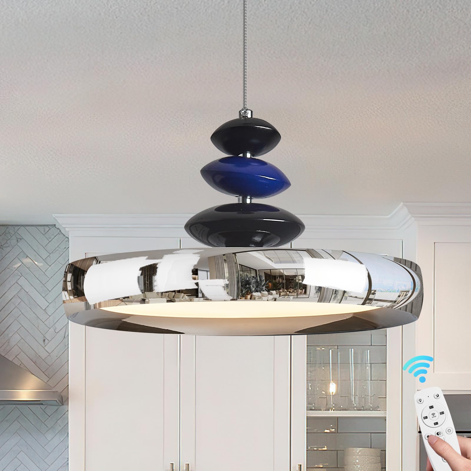 Modern Pendant Lights,Green 16" LED Pendant Lighting Fixture with Remote Control Dimmable 3 Color Mode & Brightness, Adjustable Hanging Lamp for Kitchen Dining Room Bedroom Kitchen Island